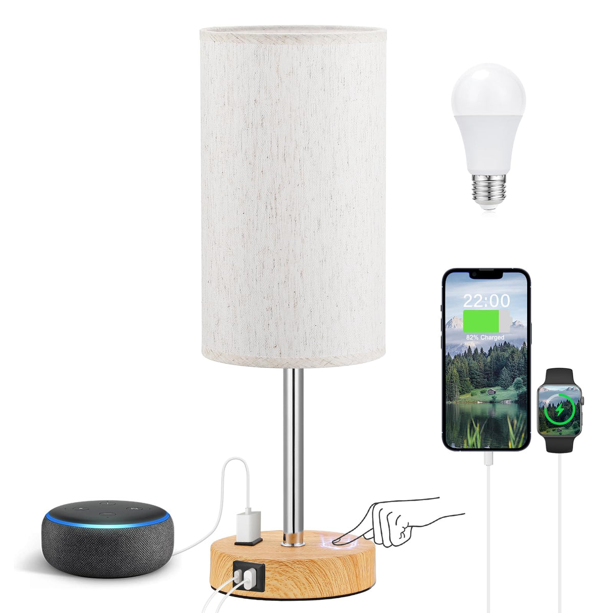 Bedside Table Lamp for Bedroom - Dimmable Touch, USB A+C, AC Outlet | 3-Way Dimmable, LED Bulb Included, Fabric Lampshade, Wood-Grain Metal Base, 14" Small Nightstand Lamp for Desk, Living Room