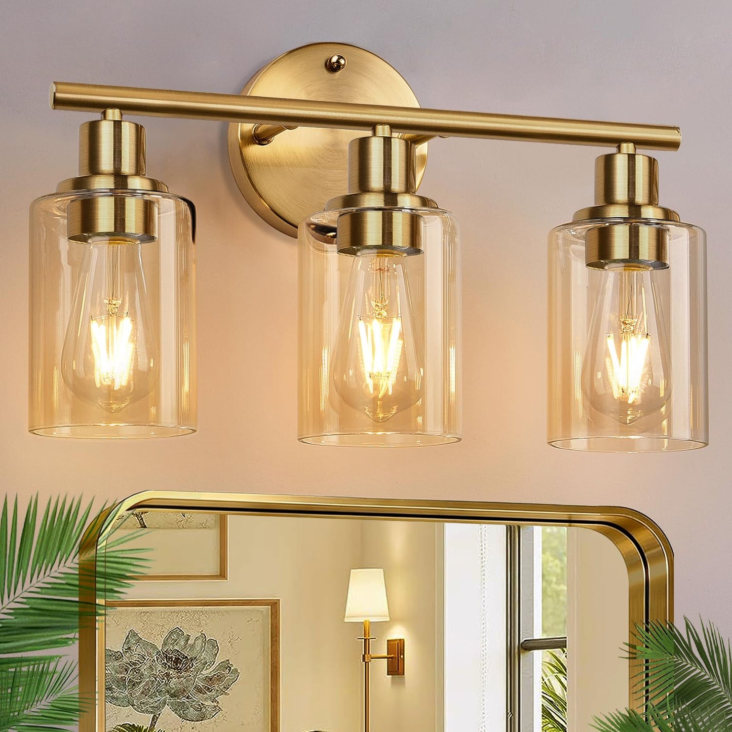 Zarbitta 3-Light Bathroom Light Fixtures, Brushed Nickel Vanity Light, Farmhouse Wall Lights with Clear Glass Shade, Bathroom Wall Lamp for Mirror Kitchen Bedroom Hallway Living Room Hallway Cabinet