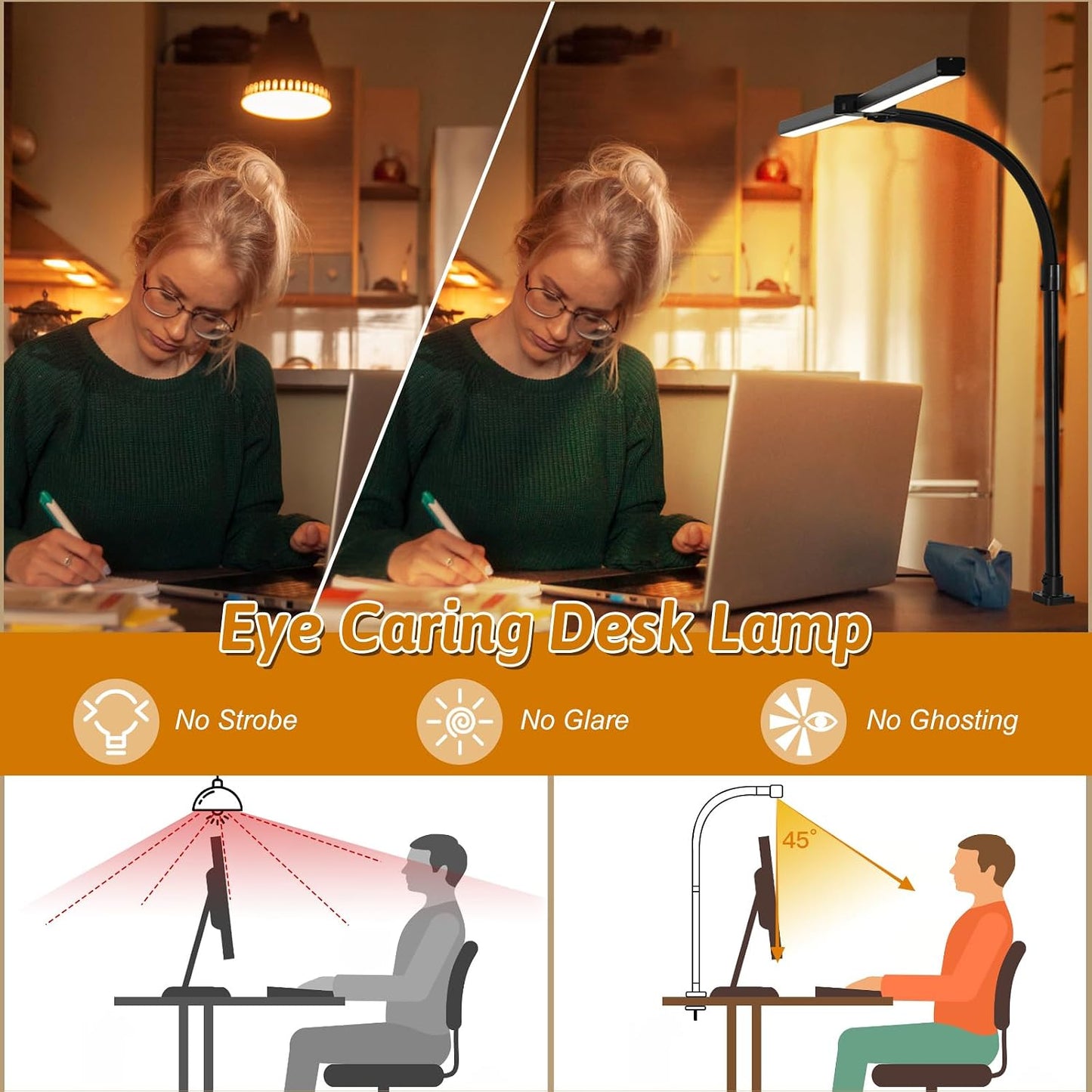 LED Desk Lamp with Clamp, Dual Head Monitor Light, Remote | 24W Dimmable Eye-Caring Task Lamp with Timer, Anti-Glare Cover and Gooseneck for Home Office Dorm Workbench and Study