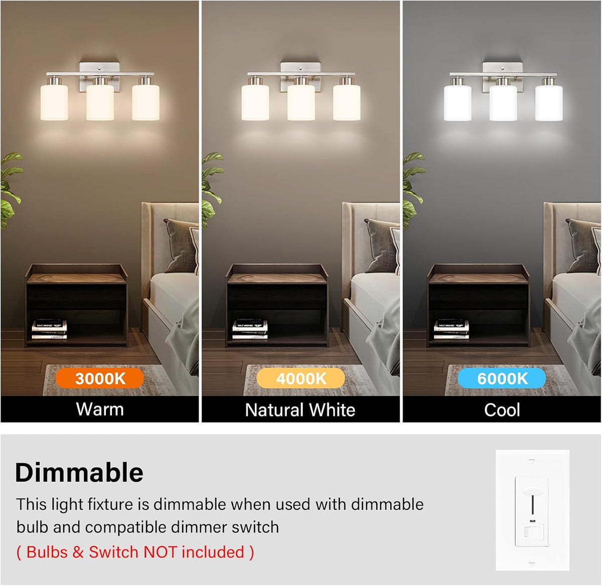 FonmYim Brushed Nickel Bathroom Light Fixtures Vanity Lights Over Mirror | Modern 3-Light lighting fixtures for bathroom with Milky White Frosted Glass Shades, E26 Socket (Bulbs Not Included)
