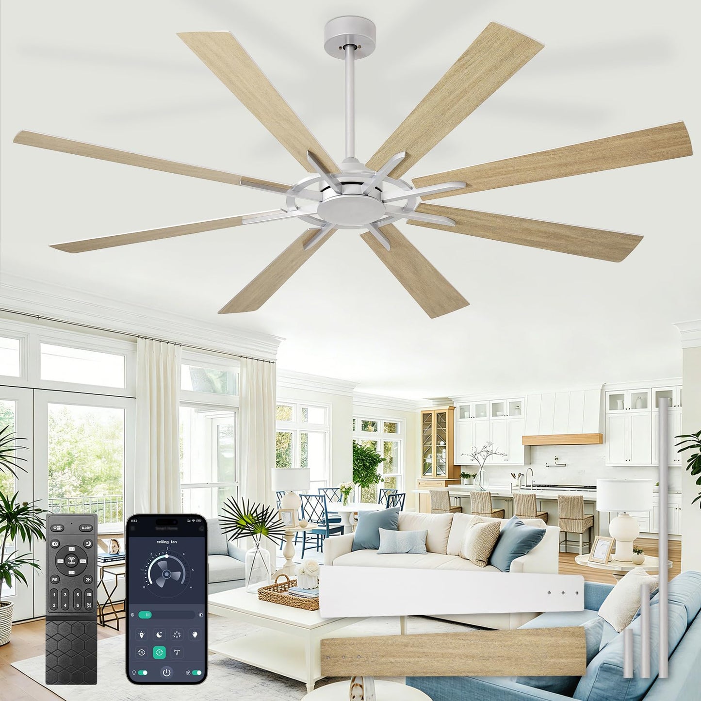 Large Ceiling Fans with Lights: Modern 72 Inch 8 Blade Outdoor Ceiling Fan with Remote APP Control - Dimmable Black Big Fan Light Indoor Reversible 6 Speed Quiet DC Motor