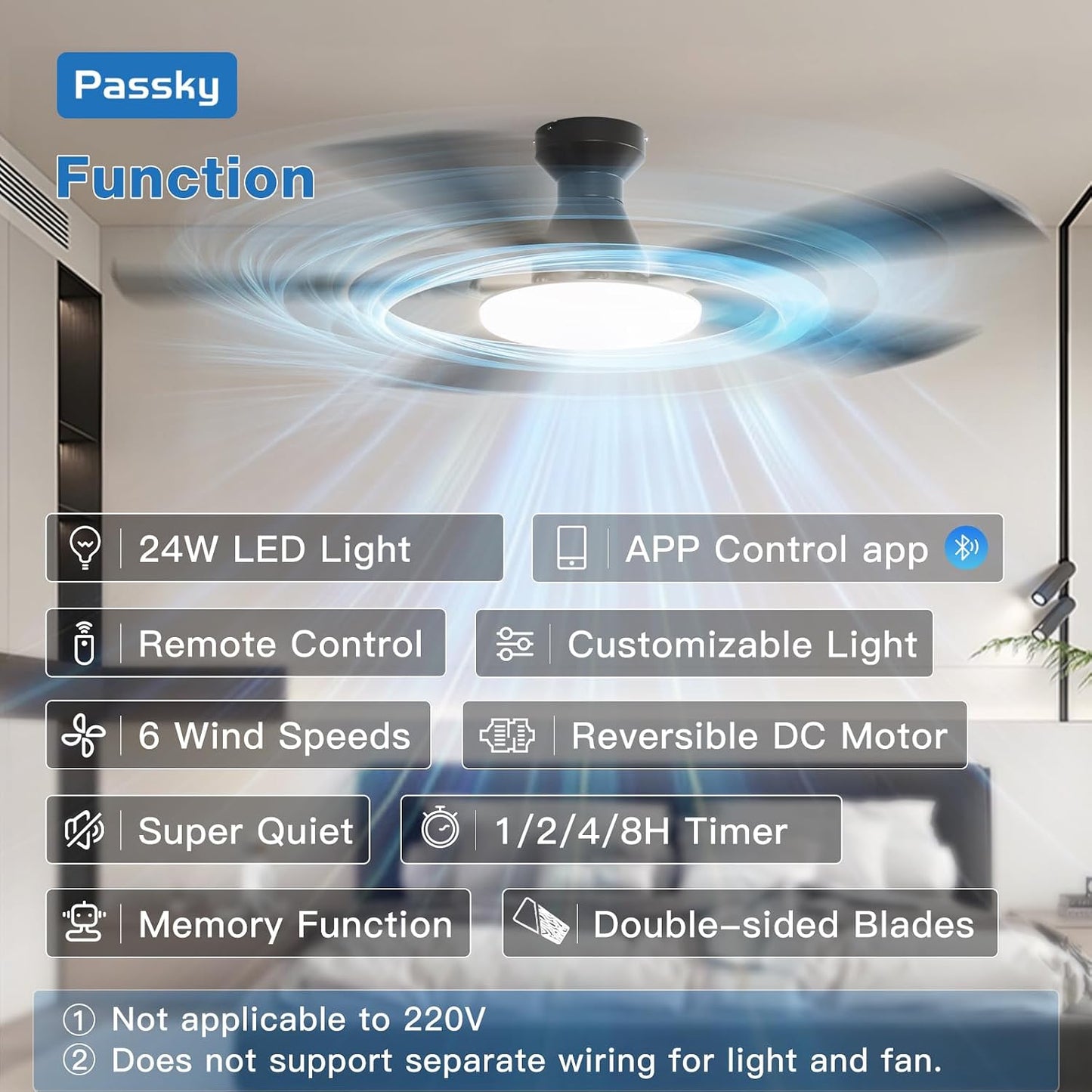 Passky 52 Inch Black Low Profile Ceiling Fans with Lights and Remote | Flush mount, 3-color dimmable light, quiet reversible DC motor, easy install, memory, APP, bedroom, covered outdoor areas