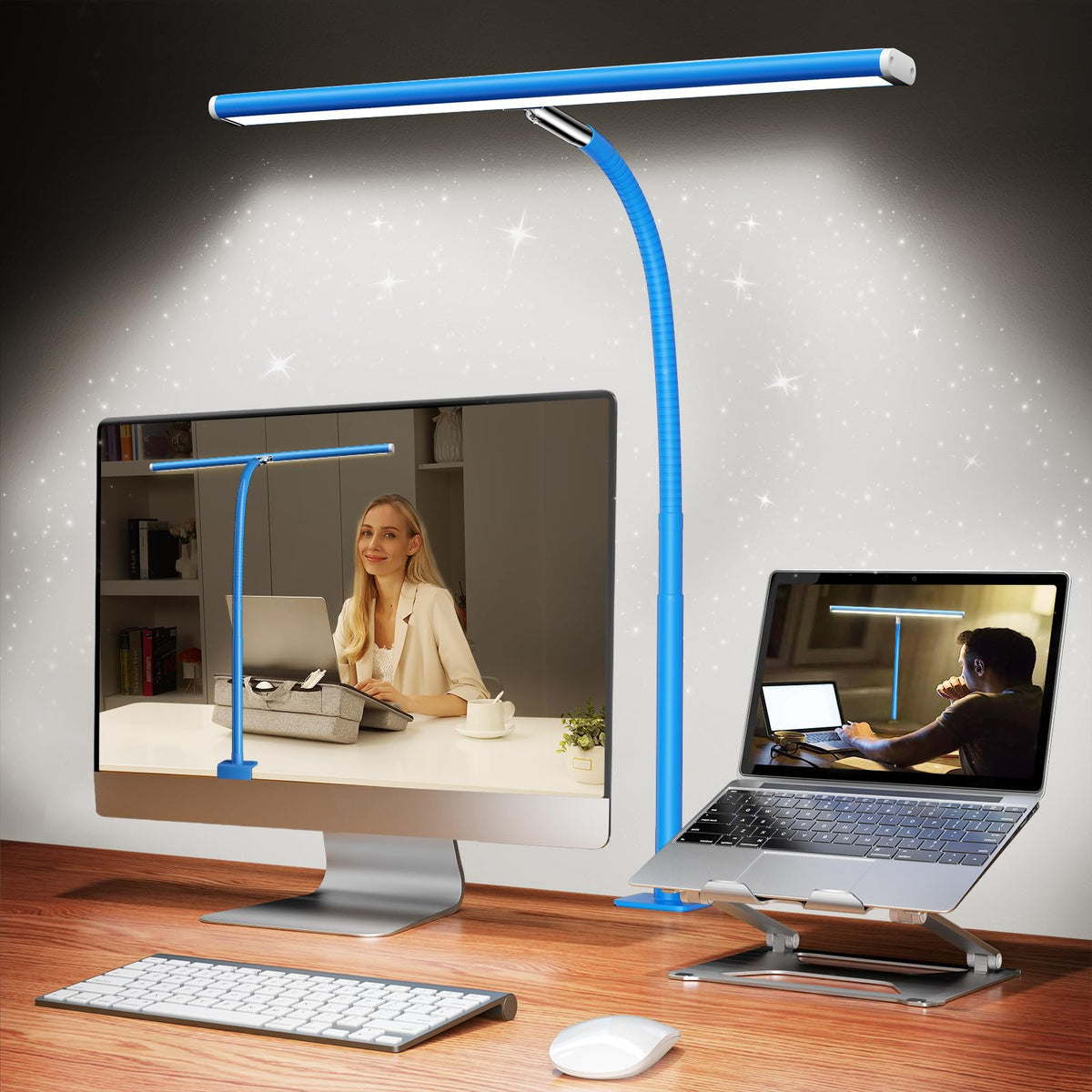 Airlonv LED Desk Lamp with Clamp, 17" Stepless Dimming Light, Black | 2700K-6500K, 100 LEDs, 360° Gooseneck, Fits Up to 30" Monitors, Flicker-Free Lighting for Home Office, Study& Workbench