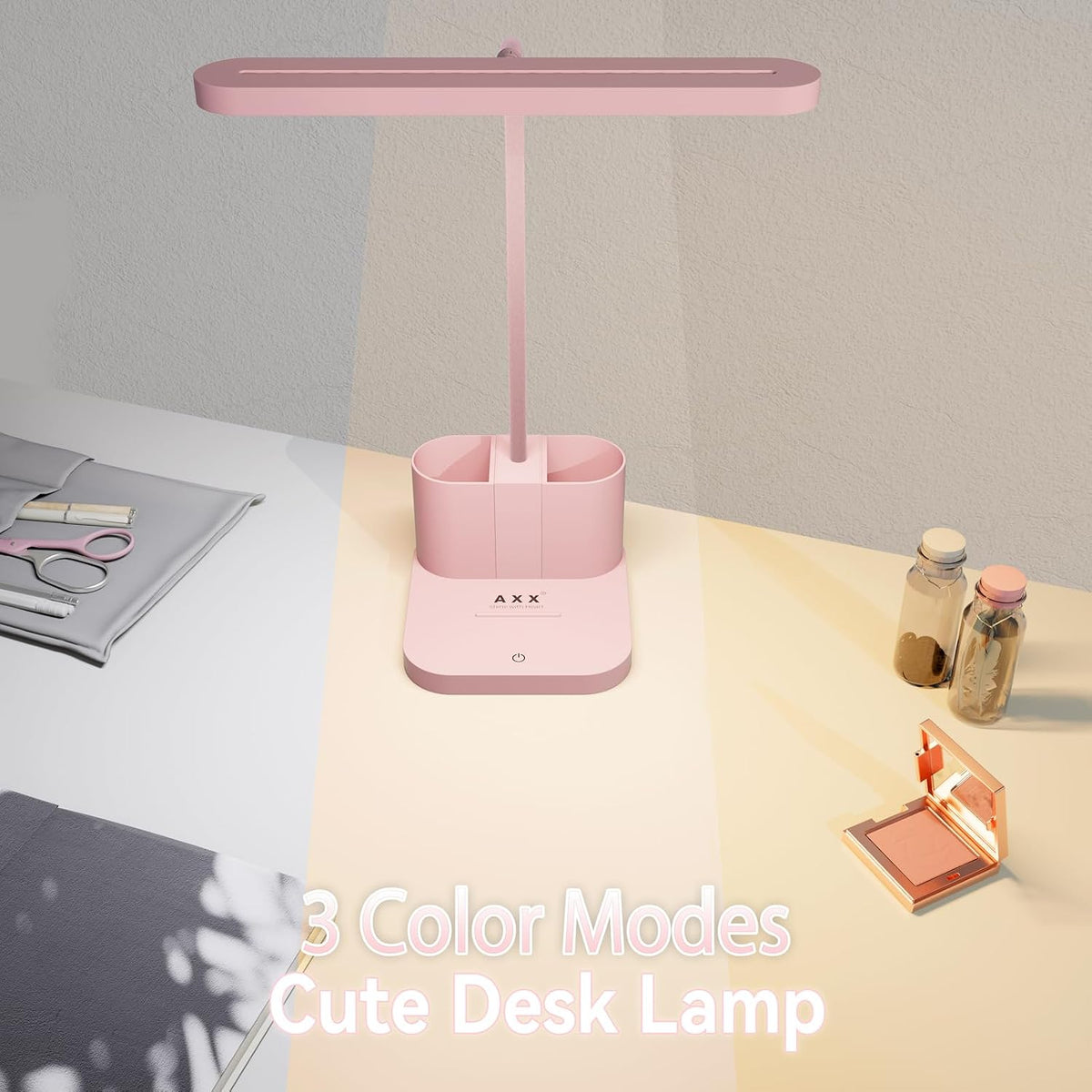 Pink Desk Lamp for Teen Girls, College Dorm Room Cute Table Light | Home Office Bedroom Essentials, Kawaii, Dimmable LED, Flexible Gooseneck, Pen Holder, Touch Control, for Kids Adults