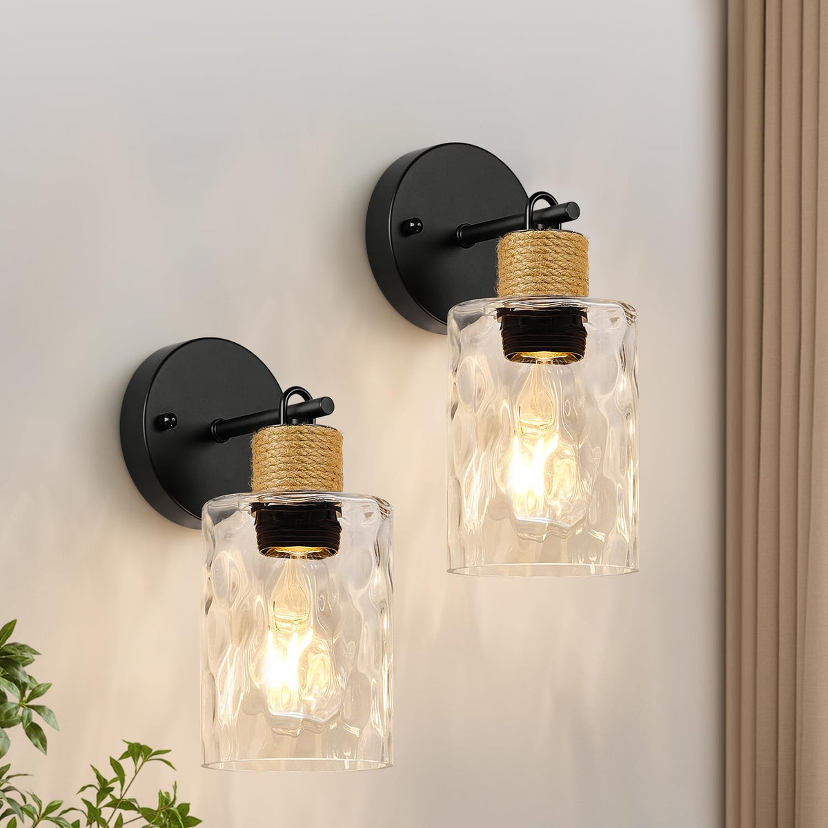 MOKATNG Bathroom Light Fixtures, 3-Light Coastal Vanity Lights with Crystal Glass Shade, Black Bathroom Wall Lamp for Mirror Kitchen Hallway Cabinet