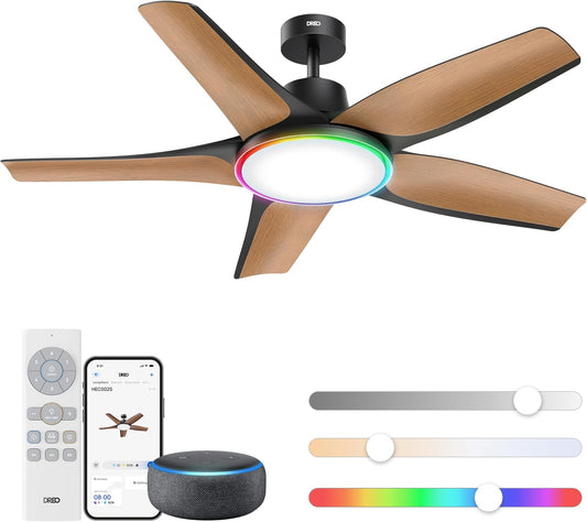 DREO Smart RGBIC Ceiling Fans with Lights, Low profile Ceiling Fan with Alexa/App, 52'' Dimmable Lighting & Color Tuning, 25dB Quiet for Living Room, Game Room, Easy Installation, Black, 2026 Upgraded
