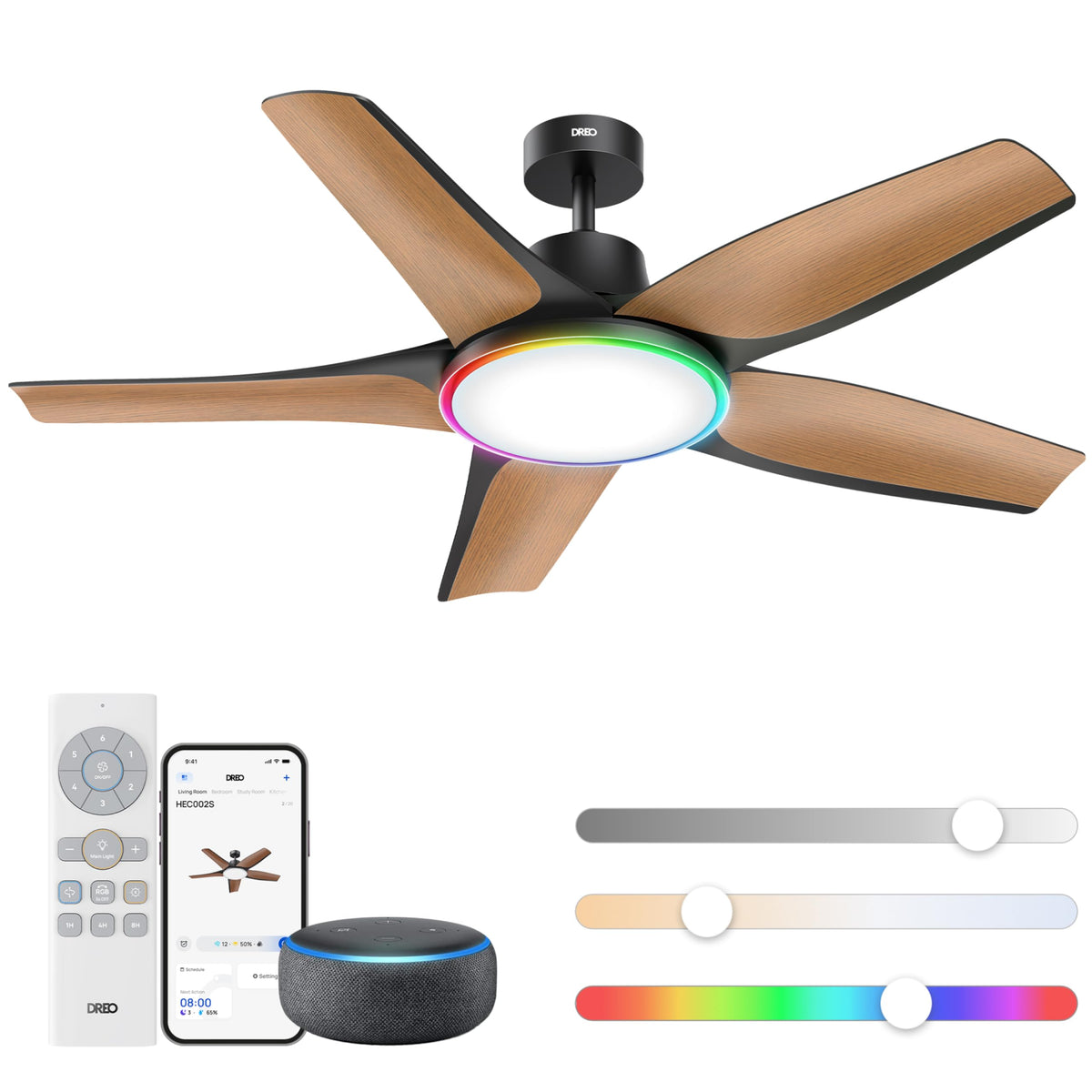 DREO Smart RGBIC Ceiling Fans with Lights, Low profile Ceiling Fan with Alexa/App, 52'' Dimmable Lighting & Color Tuning, 25dB Quiet for Living Room, Game Room, Easy Installation, Black, 2026 Upgraded