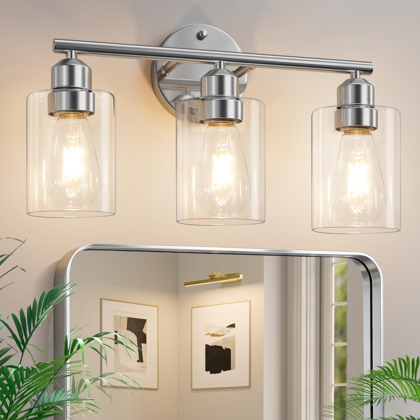 3-Light Black Modern Bathroom Vanity Light Fixtures, 17.3" | Glass Shade, For Bathroom Mirror, Kitchen, Living Room, Bath, Metal