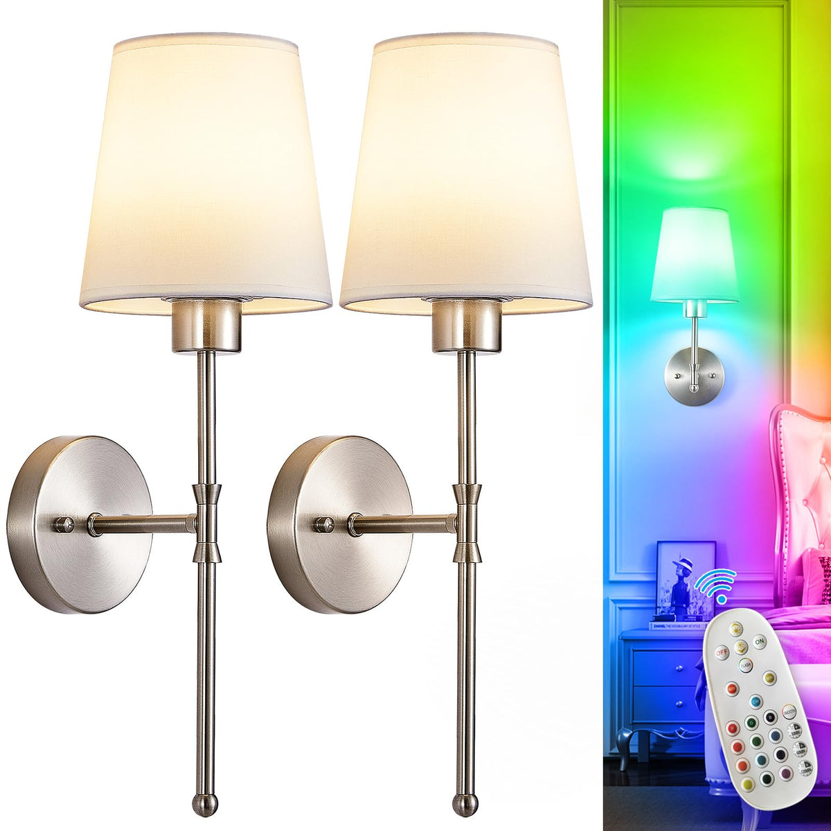 Depuley Battery Operated Wall Sconce: Set of 2 Wireless Wall Lights with 10000mAh Dimmable Bulbs and Remote for Bedroom - Rechargeable 15 Colors Gold Wall Lamp for Living Room Hallway