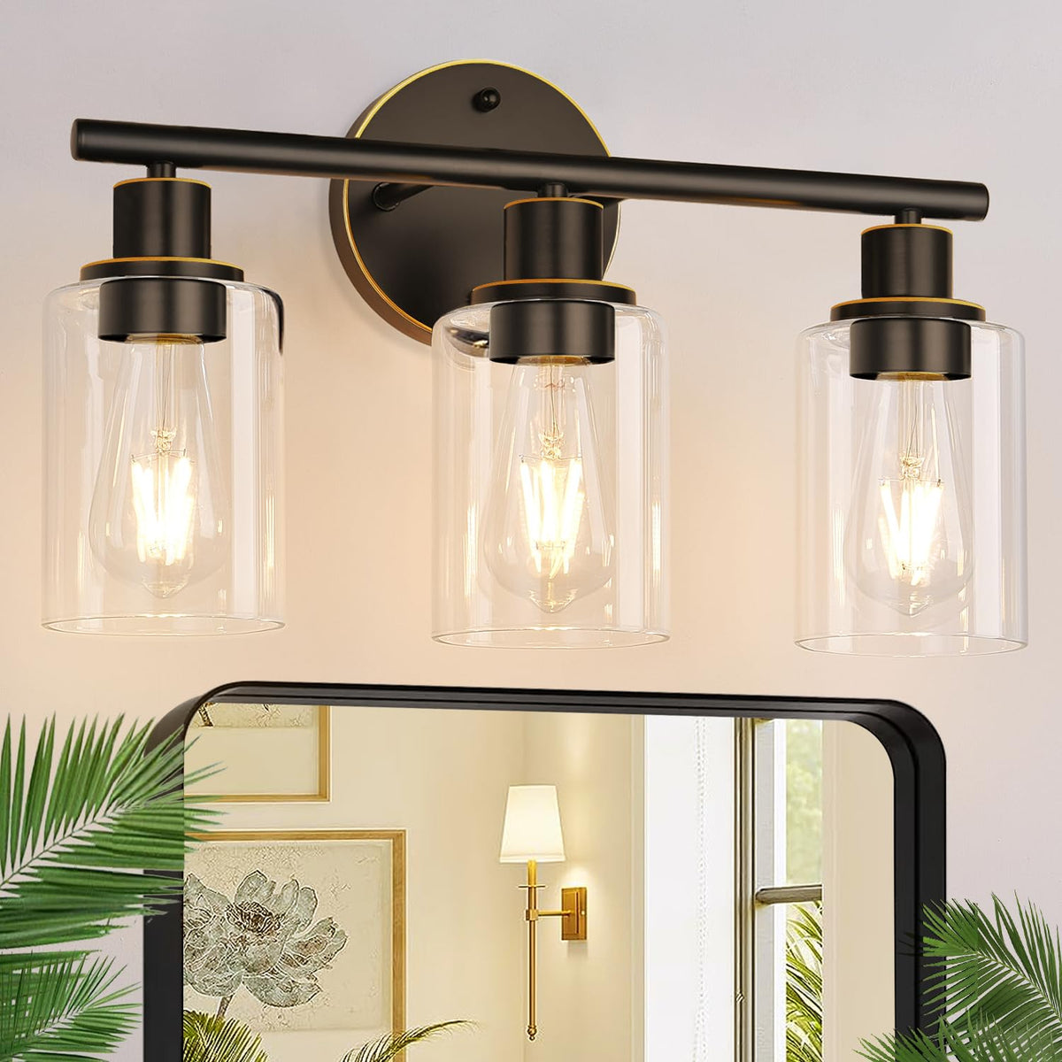 Zarbitta 3-Light Bathroom Light Fixtures, Brushed Nickel Vanity Light, Farmhouse Wall Lights with Clear Glass Shade, Bathroom Wall Lamp for Mirror Kitchen Bedroom Hallway Living Room Hallway Cabinet