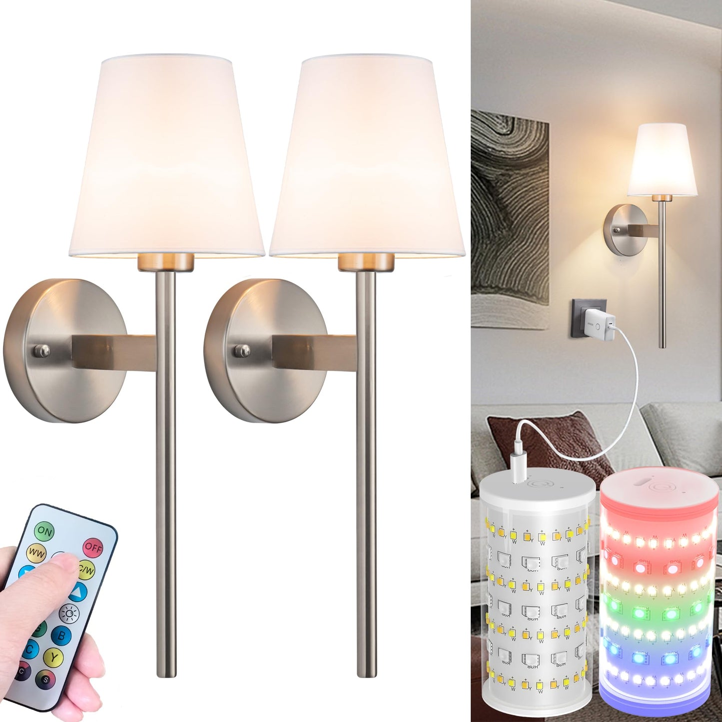 Nekhung Battery Operated Wall Sconce, Peel and Stick Sconces Set of 2 | Wireless Adhesive Stick On Wall Sconce, 10000mAh Rechargeable RGB Bulb with Remote, No Drill Wall Light for Bedroom Decor