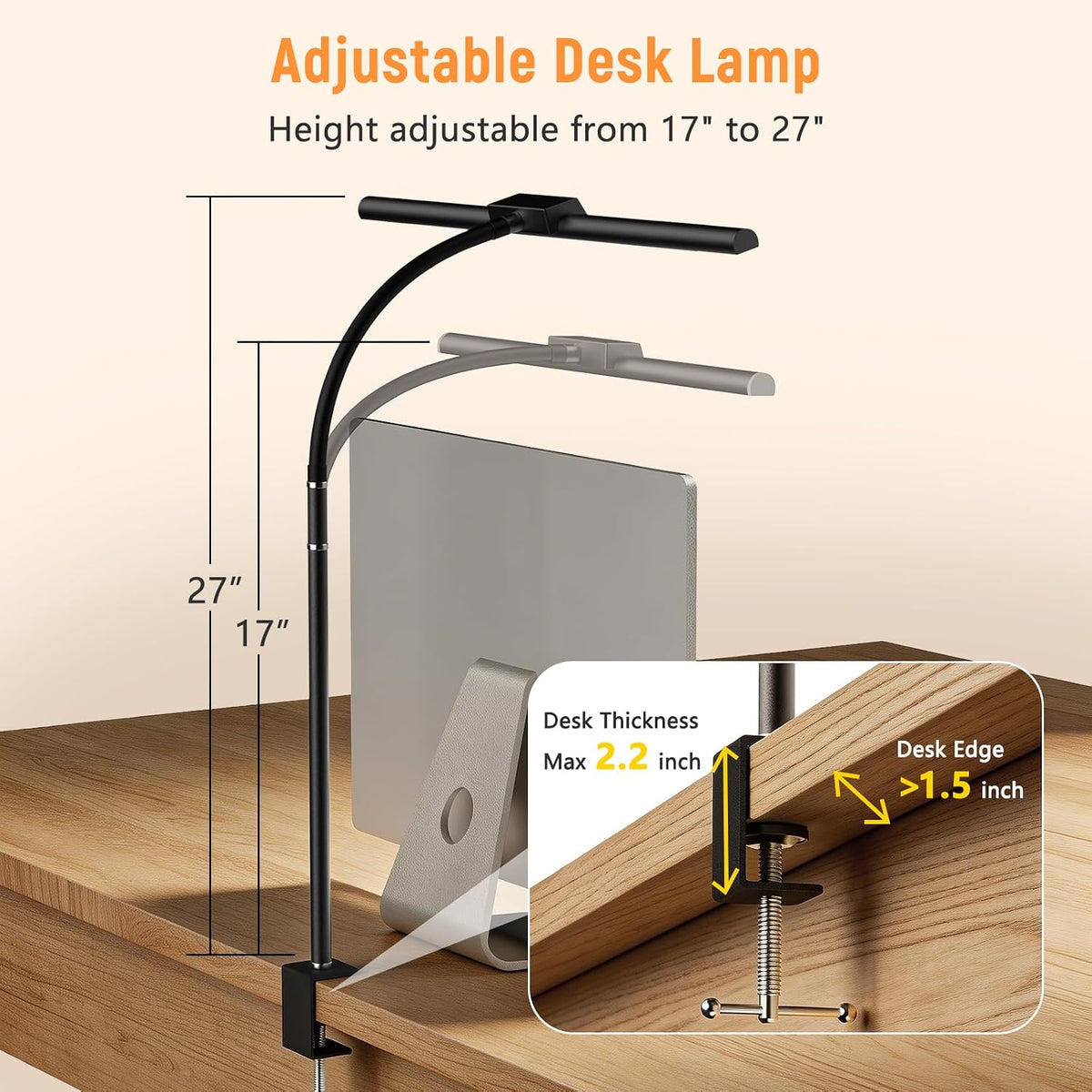 LED Desk Lamp for Home Office, Flexible Gooseneck Desk Lamp with Clamp, 5 Color Touch Control Stepless Dimming Adjustable Eye-Caring Desk Light with Adapter for Reading, Study, Workbench (Black)