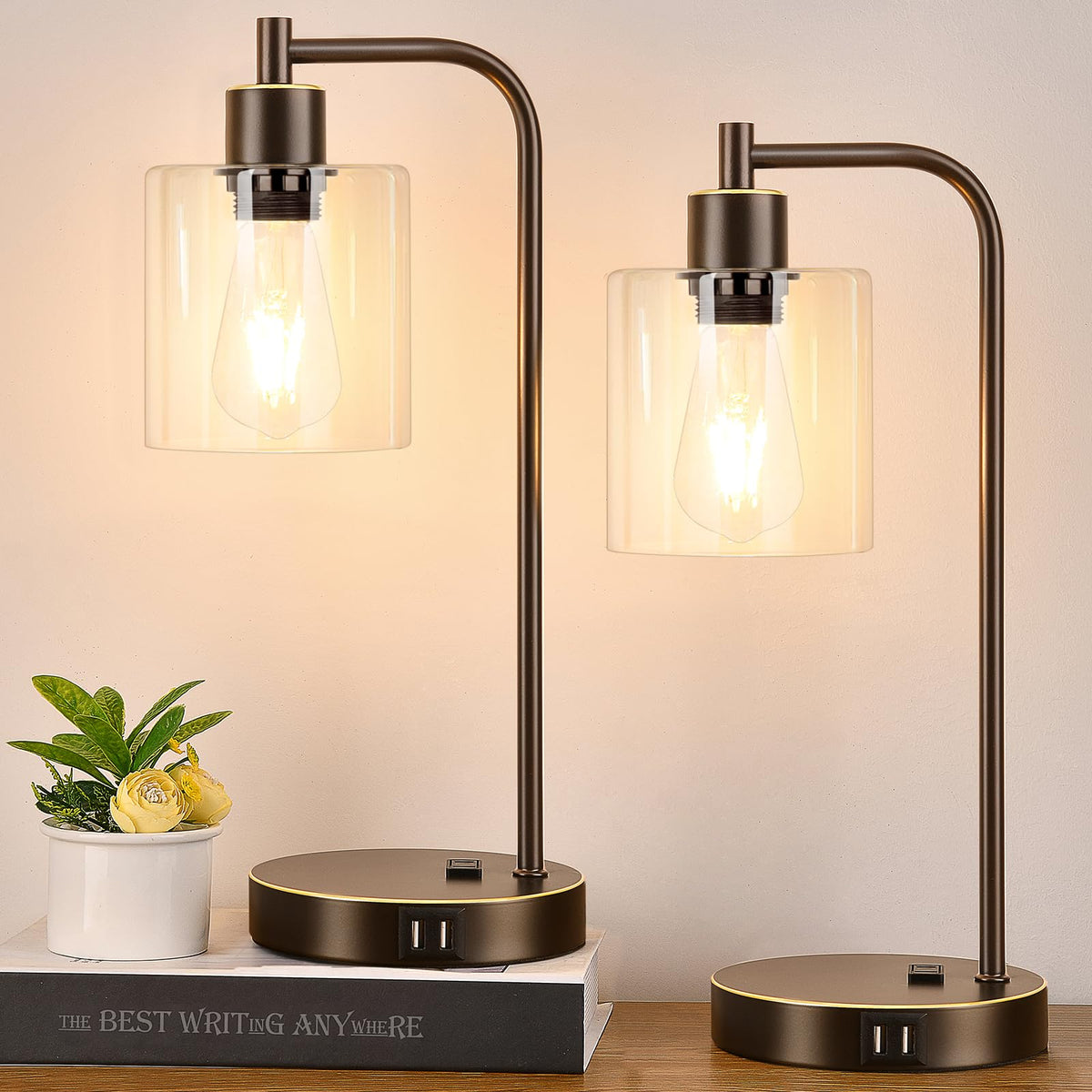 Set of 2 Industrial Touch Control Table Lamps with USB C+A Ports and AC Outlet - 3-Way Dimmable Black Bedside Lamps Nightstand Desk Lamps for Bedroom Living Room, Glass Shade & 2 LED Bulbs Included