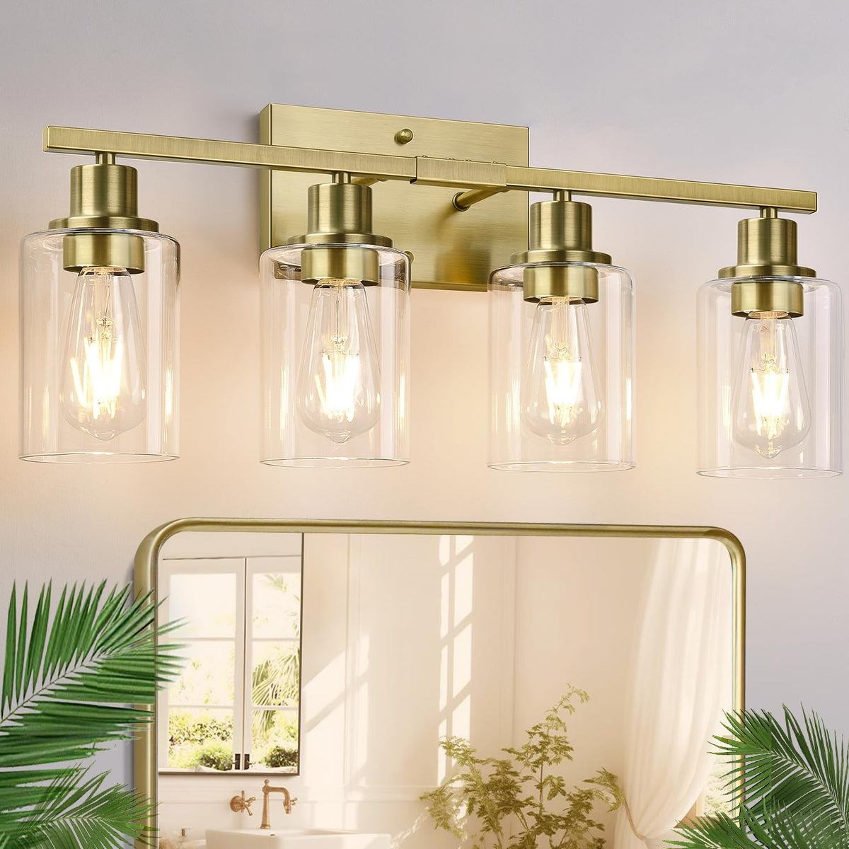 Indoi 4-Light Bathroom Light Fixtures, Matte Black Modern Vanity Lights with Clear Glass Shades, Bathroom Wall Lamp for Mirror Living Room Cabinet Bedroom Porch