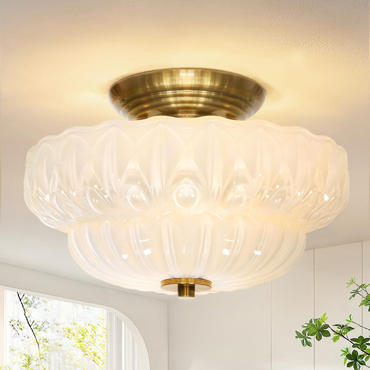 11" 3-Bulb Bright Semi Flush Mount Ceiling Light,Vintage Gold Hallway Light | OYKYOHEI Globe Close to Ceiling Light for Bathroom/Dining Room/Entryway /Kitchen,Amber Glass,Easy Install,40W Max G9(NO BULB)