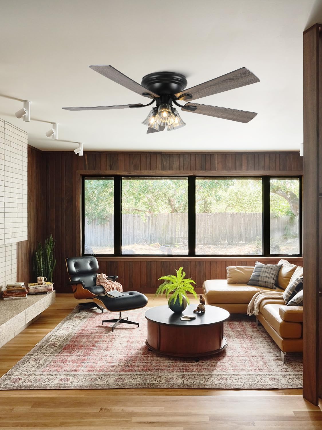 52 Inch Flush Mount Farmhouse Ceiling Fans with Lights and Remote Control | 5 Reversible Blades Vintage Low Profile Ceiling Fan with 3-Light 6 Speeds for Living Room Bedroom Kitchen Dining Room