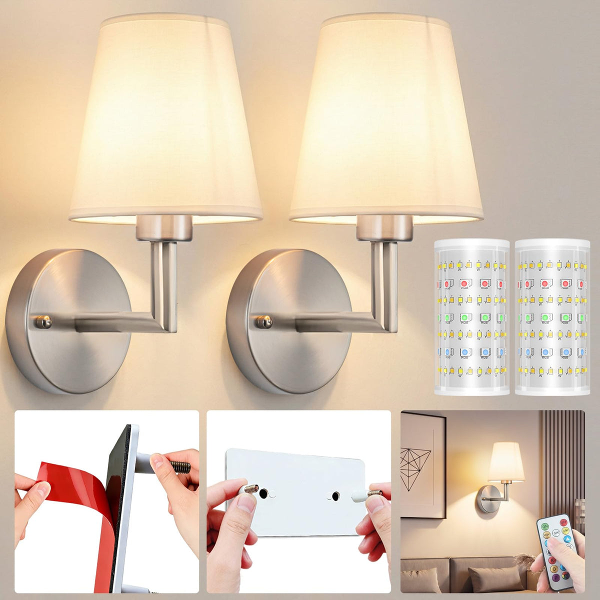 Nekhung Battery Operated Wall Sconce, Peel and Stick Sconces Set of 2 | Wireless Adhesive Stick On Wall Sconce, 10000mAh Rechargeable RGB Bulb with Remote, No Drill Wall Light for Bedroom Decor