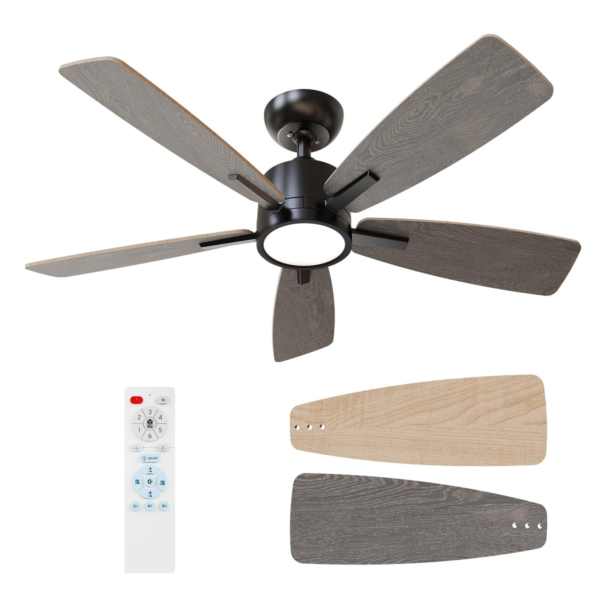 TALOYA 52 Inch Black Ceiling Fans with Lights Led Remote Control Flush Mount Low Profile for Bedroom Living Dining Room Outdoor Farmhouse Patio,Reversible,DC Motor,Diammable,Buzzer ON/Off,5 Blades