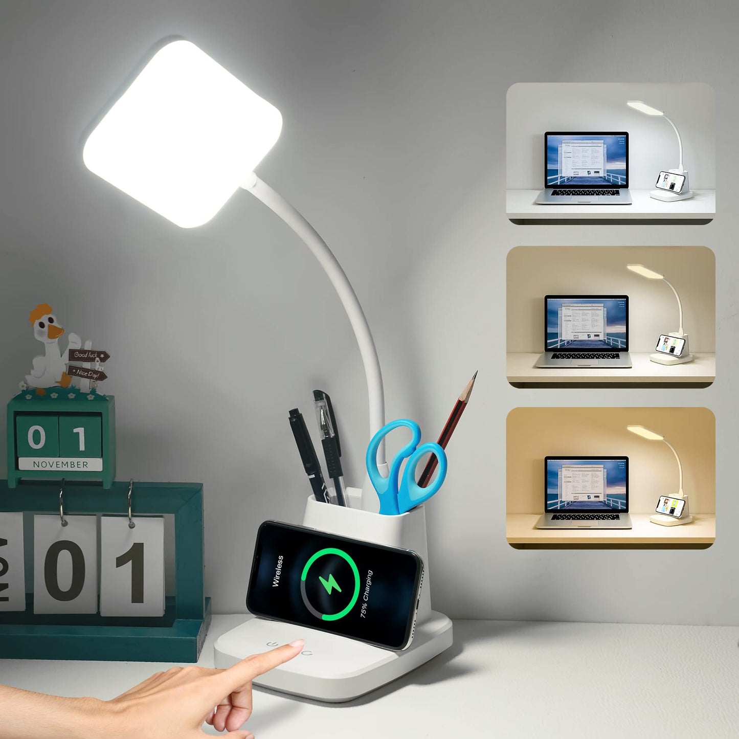 LED Desk Lamp with 10W Wireless Charging & Pen Holder, Black | CRI 95, 800LM, Stepless Dimming, 3 Modes, 360°Flexible Arm, Touch, Study Table Lamp for Home Office, Dorm Room, with Adapter