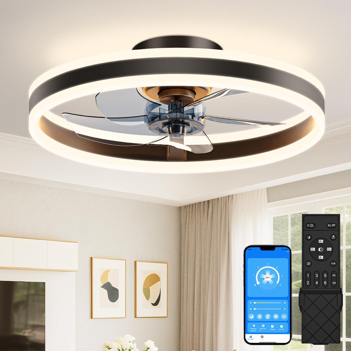 VOLISUN Low Profile Ceiling Fans with Lights and Remote, 27.6in Flush Mount Ceiling Fans with Light, 3000K-6500K Dimmable Fandelier LED Fan Light, Black Bladeless Ceiling Fans with Lights for Bedroom