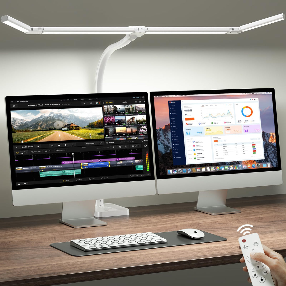 ONEMIX LED Desk Lamp with Clamp, 42-Inch 4-Panel Light for Dual Monitors | 1800 Lumens, 4 Adjustable Panels, 5 Color Temps, 5 Brightness Levels, Remote, Timer, Flicker-Free for Home Office