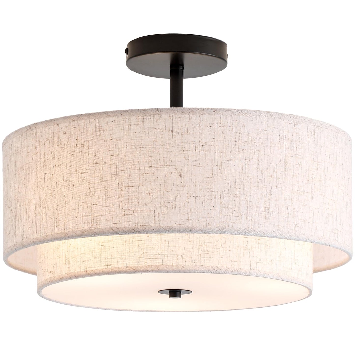 CALOKES 16" Double Drum Gold 3-Light Semi Flush Mount Ceiling Light, Classic Fabric Linen Shade Design for Living Room, Bedroom, Kitchen, Dining Room, Hallway and Entryway