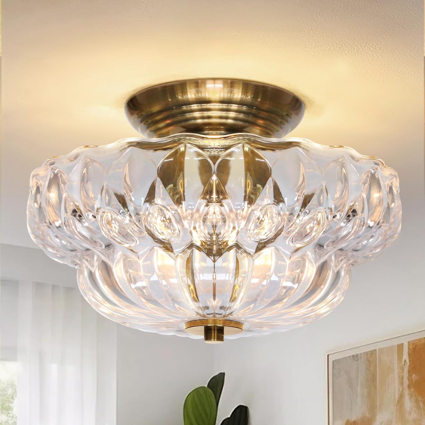 11" 3-Bulb Bright Semi Flush Mount Ceiling Light,Vintage Gold Hallway Light | OYKYOHEI Globe Close to Ceiling Light for Bathroom/Dining Room/Entryway /Kitchen,Amber Glass,Easy Install,40W Max G9(NO BULB)