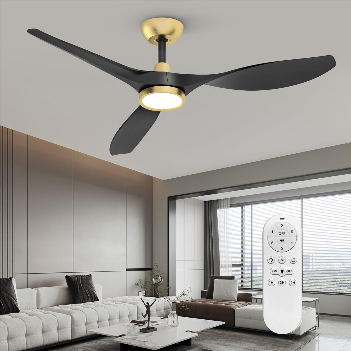 Roomratv 52'' Modern Ceiling Fan with Light, Wide Blade Design, Remote | DC Motor,Reversible,Color Adjustable,Dimmable,Led Light,6 Speeds,3 Timers,Modern,Plastic,Bedrooms, Living rooms,Indoor