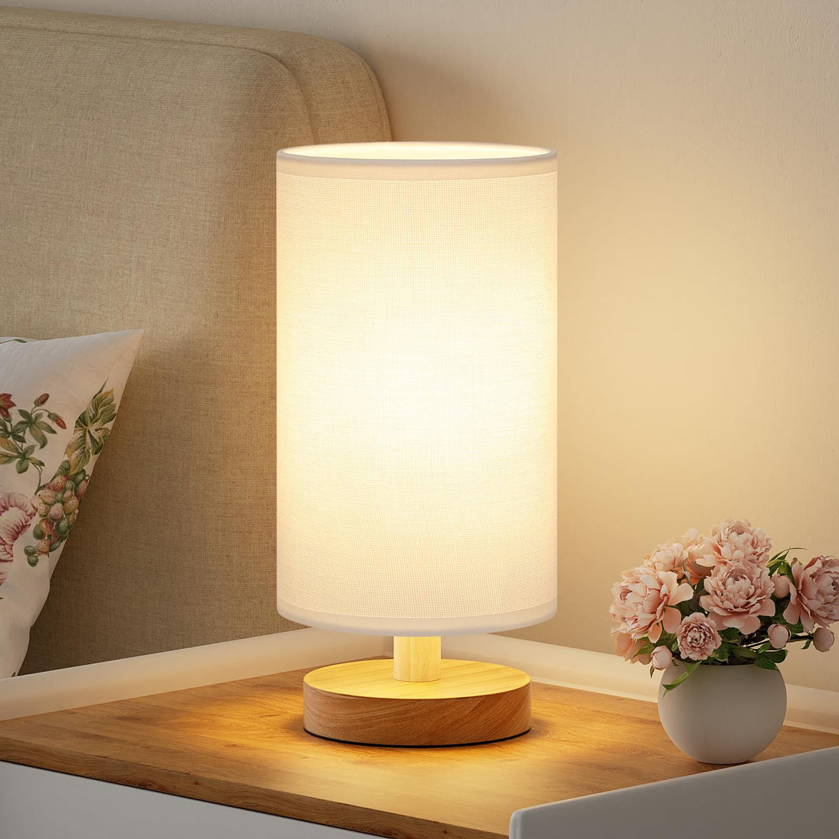 9" Small Table Lamp for Bedroom - Inline Control with 3000K Blub | Cream Shade and Wood Base | 680 Lumens | Easy Assembly | Minimalist Design | E26 | for Kitchen | for Kids Room