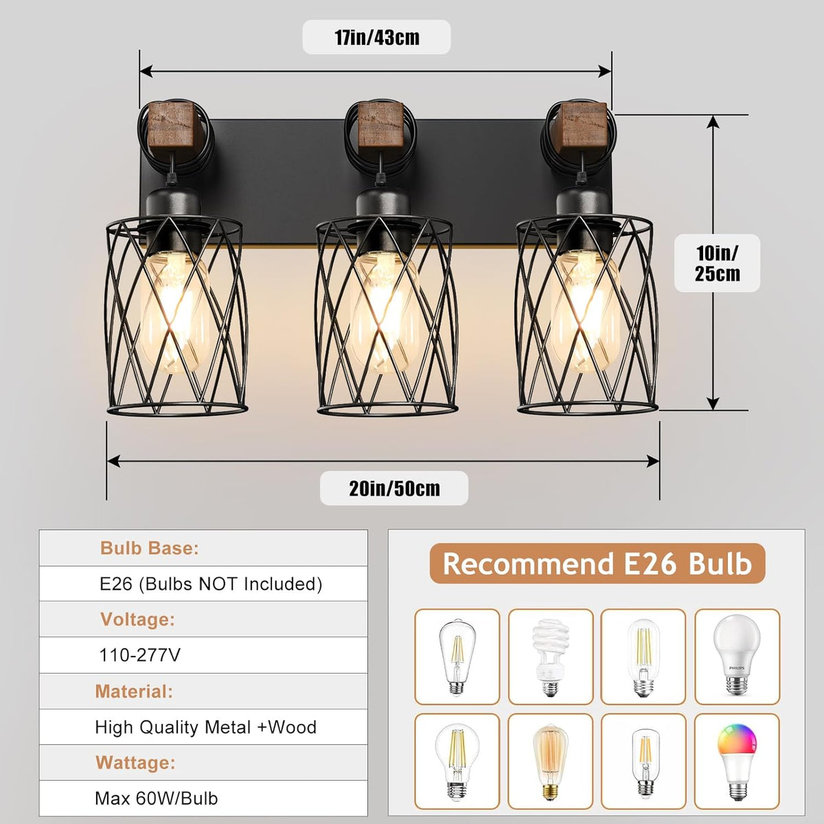 IZORRO Farmhouse Bathroom Vanity Light, 3-Light Wood Bathroom Light Fixtures Over Mirror, Black Industrial Vanity Lights with Metal Shade, Rustic Restroom Lighting Fixtures