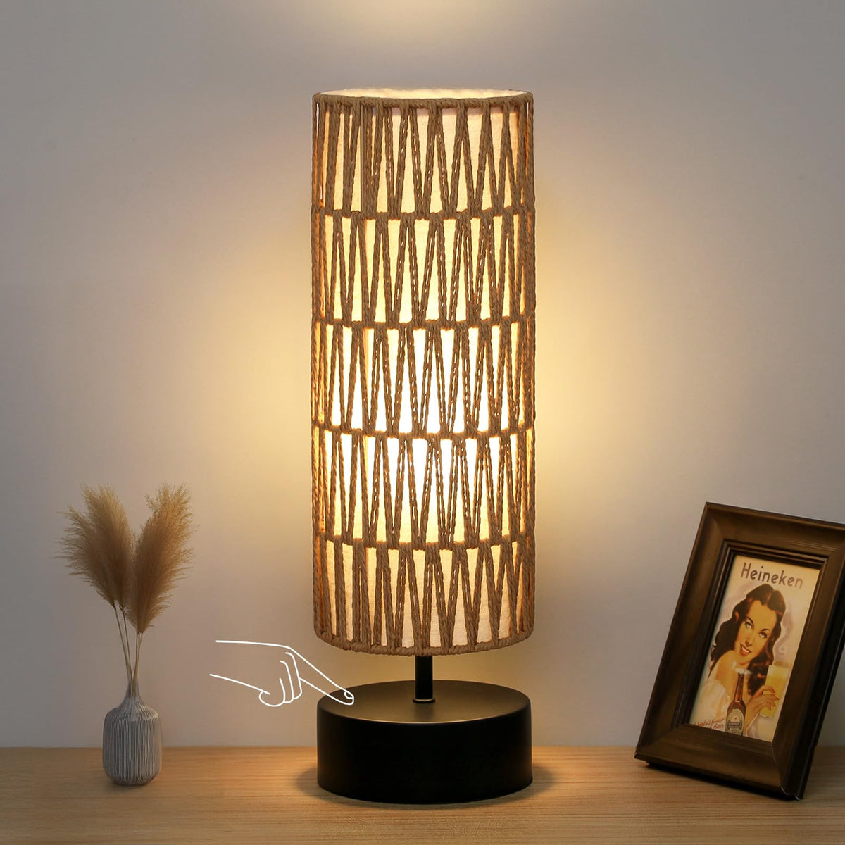 Touch Table Lamp, 3-Way Dimmable Bedside Lamp with Cylinder Fabric Shade | Modern Minimalist Accent Nightstand Desk Lamp, Night Light for Bedroom Living Room Kitchen, LED Bulb Included