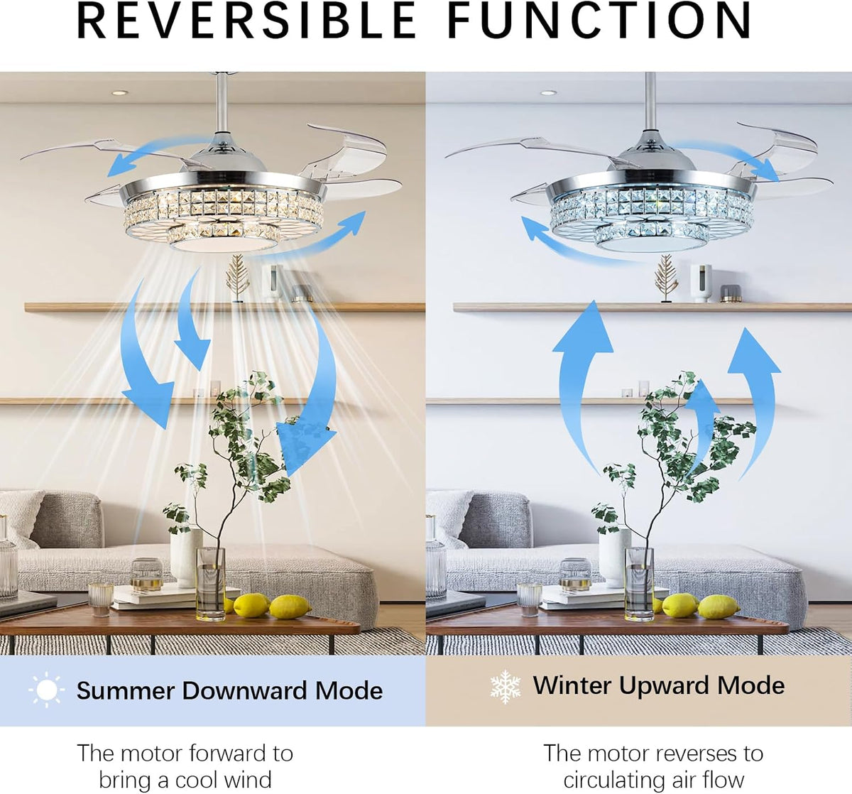 42" Retractable Ceiling Fans with Lights, Crystal Chandelier Ceiling Fan with Remote & APP Control, Modern Dimmable LED Fandelier for Living Room, Dinning Room, Bedroom (Silver)