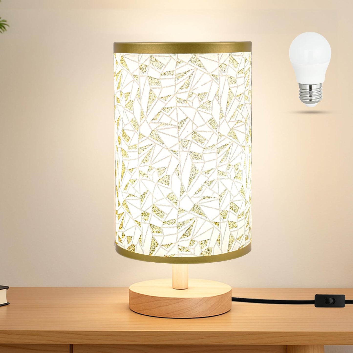 Desk Lamp LED Bulb Included, Small Bedside Table Lamp Plug-in - Classic Wood Base with Flaxen Fabric Shade, Lamps for Night Stands, Simple Nightstand Light for Bedroom, Office, Desk
