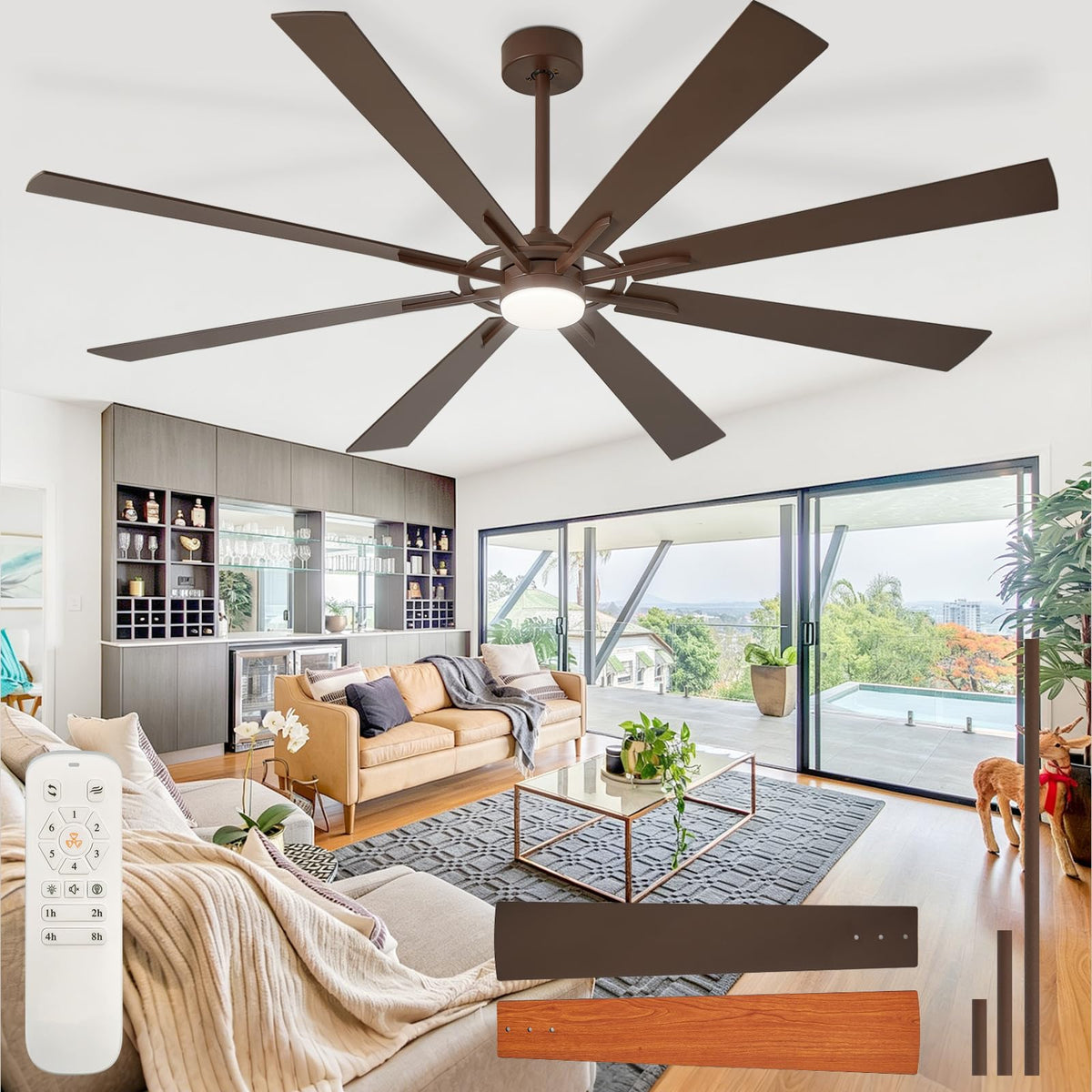 Large Ceiling Fans with Lights: Modern 72 Inch 8 Blade Outdoor Ceiling Fan with Remote APP Control - Dimmable Black Big Fan Light Indoor Reversible 6 Speed Quiet DC Motor