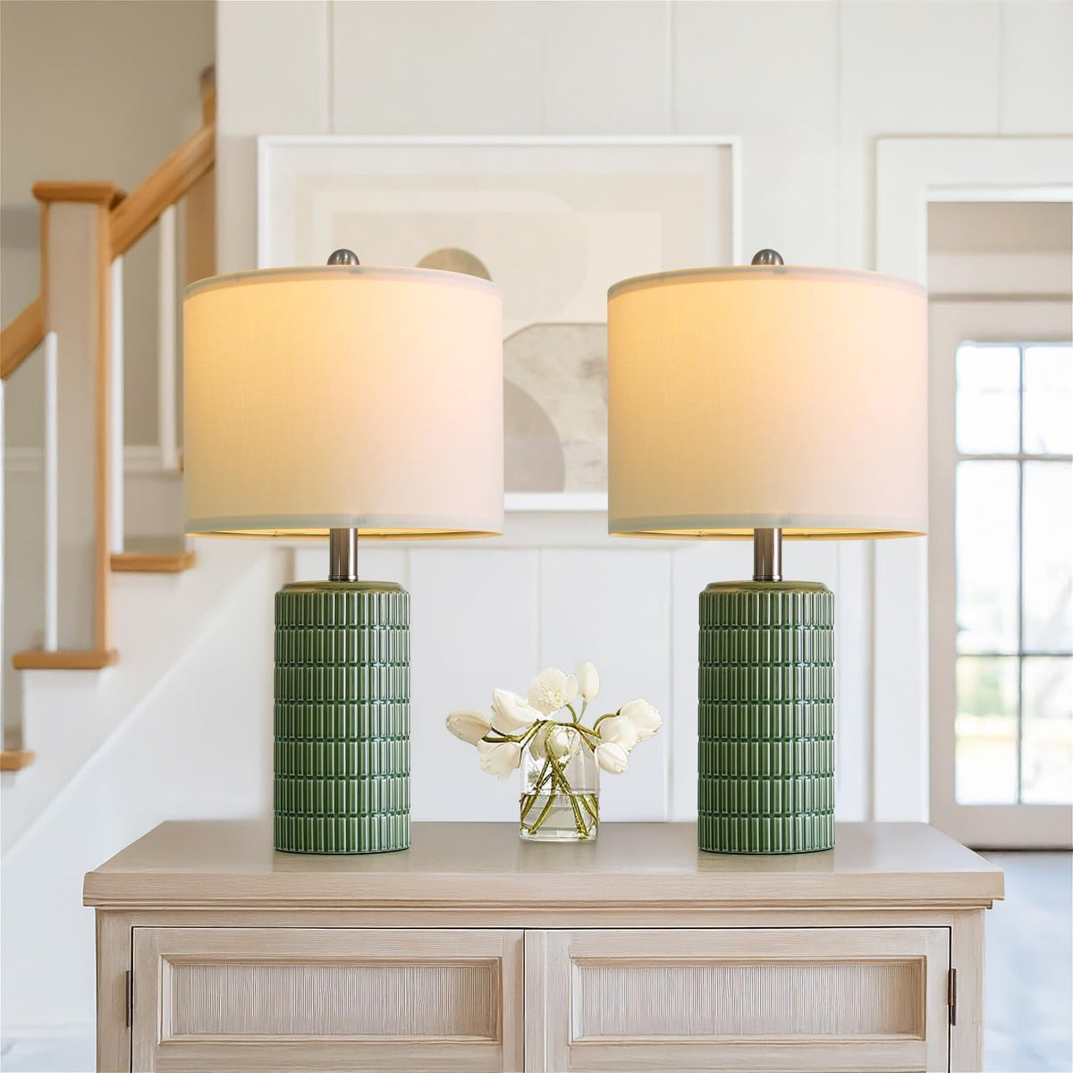 PoKat 20.75" Small Modern Ceramic Table Lamps Set of 2 for Bedroom, White | Bedside lamps for nightstands, farmhouse home decor, end table & desk light, ideal housewarming new home gift for women mom
