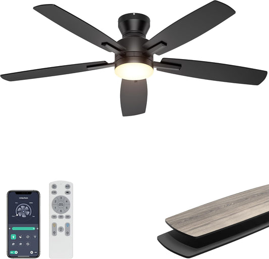 Ohniyou 52'' Low Profile Ceiling Fan with Lights, Remote/APP Control, Black | Flush Mount, Dimmable 3CCT LED, Quiet Reversible DC Motor; Memory Function, 4580 CFM, for Indoor Bedroom Living Room