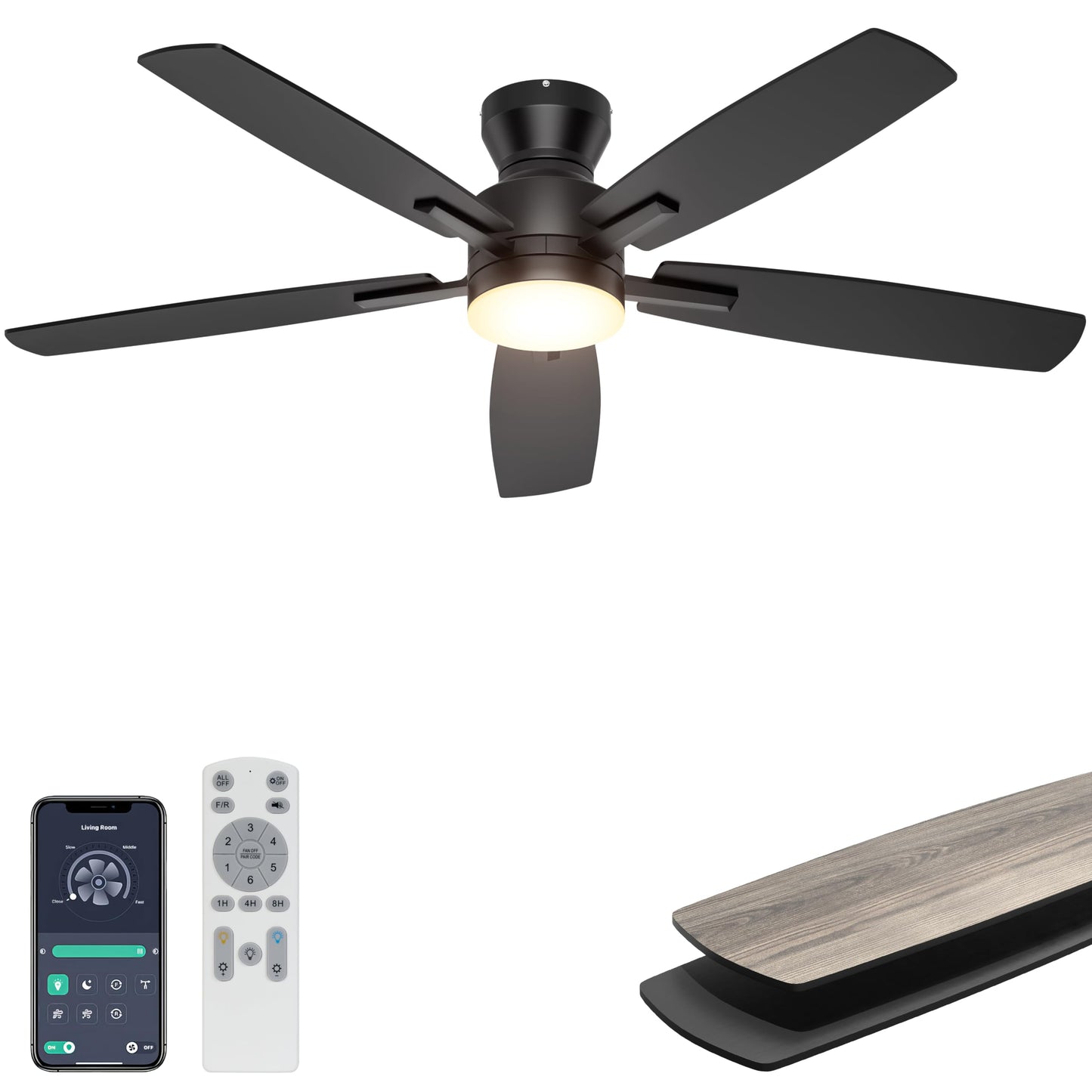 Ohniyou 52'' Low Profile Ceiling Fan with Lights, Remote/APP Control, Black | Flush Mount, Dimmable 3CCT LED, Quiet Reversible DC Motor; Memory Function, 4580 CFM, for Indoor Bedroom Living Room