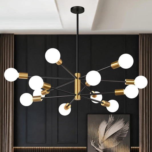 11"-52" Height Adjustable Modern Chandelier Ceiling Light Fixture, 12-Light Sputnik Chandeliers Brushed Gold and Matte Black Mid Century Chandelier Over Table, Chandeliers for Dining Room Living Room