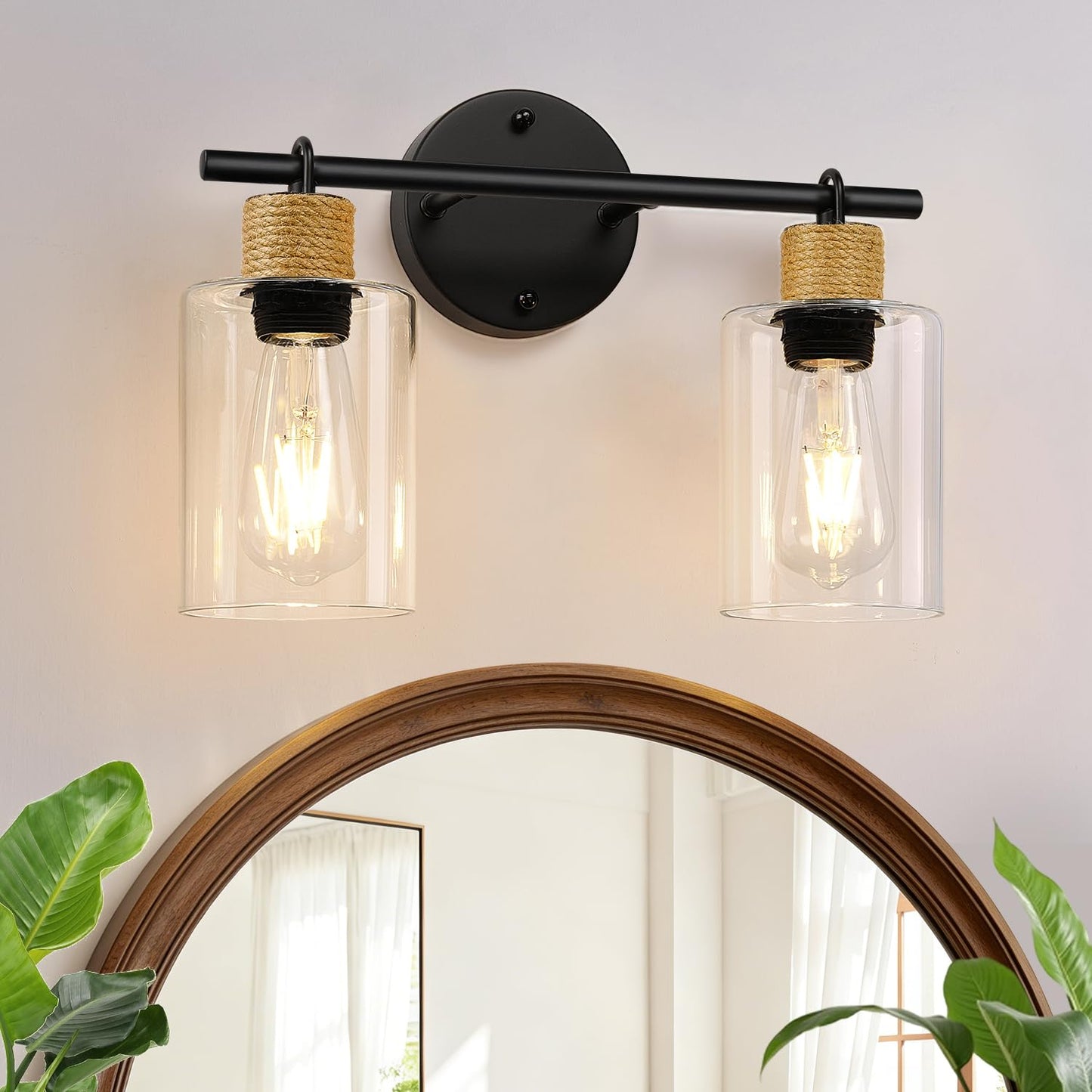 MOKATNG Bathroom Light Fixtures, 3-Light Coastal Vanity Lights with Crystal Glass Shade, Black Bathroom Wall Lamp for Mirror Kitchen Hallway Cabinet