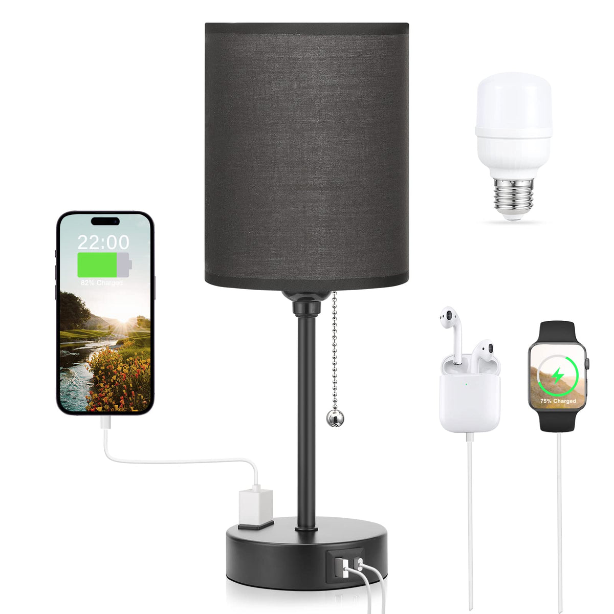 Dicoool Bedside Table Lamp for Bedroom - Small Desk Lamp with USB Ports | USB A+C Ports, AC Outlet, 3 Color Temperatures, LED Bulb Included, White Fabric Shade, Black Metal Base, 14" Nightstand lamp