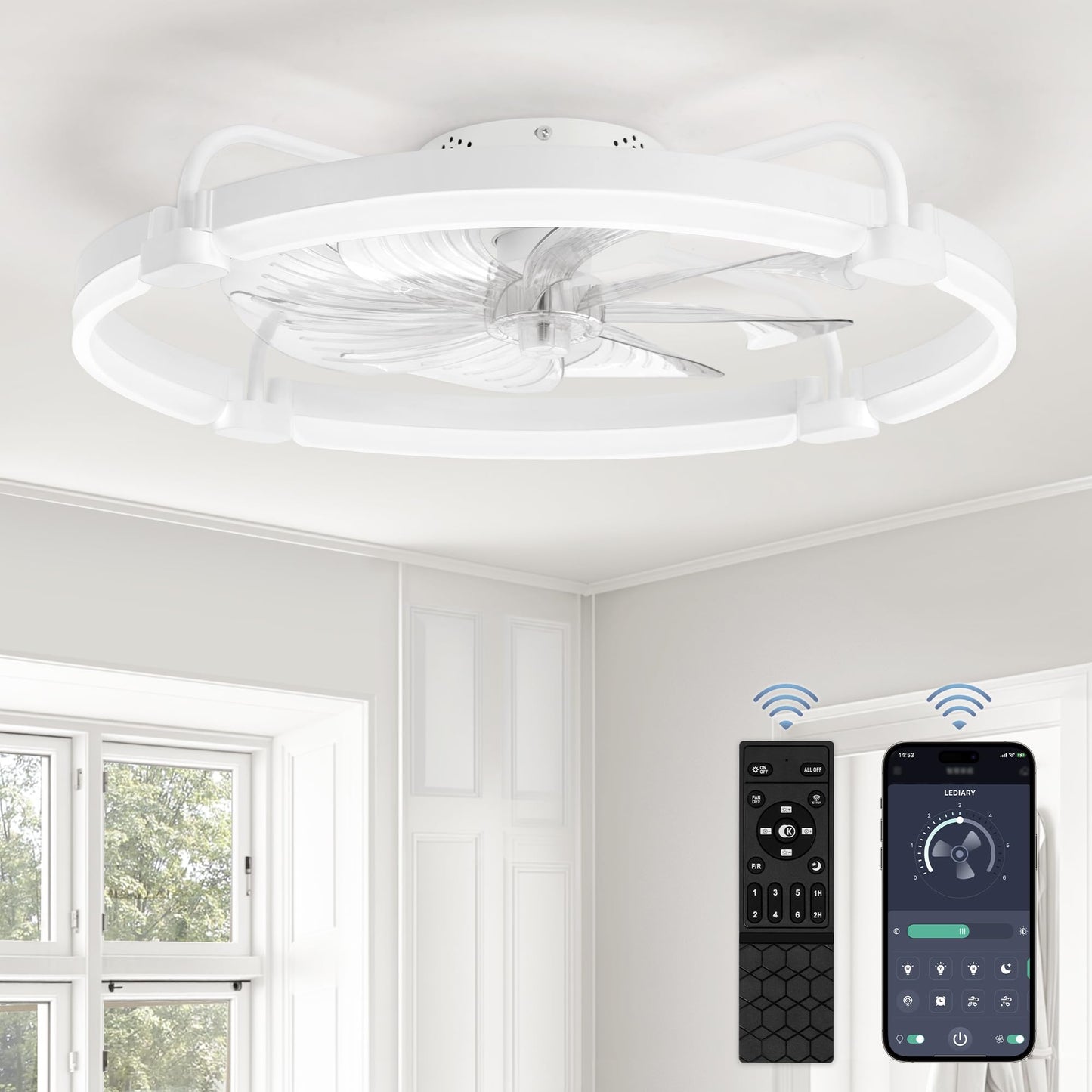LEDIARY 20" Ceiling Fans with Lights and Remote, Low Profile Led Fan Light | Flush Mount, Stepless Dimmable Fandelier, 6 Speeds, 3 CCT, Quiet Reversible DC Motor, 2H Timer, Bedroom, Living Room, Black