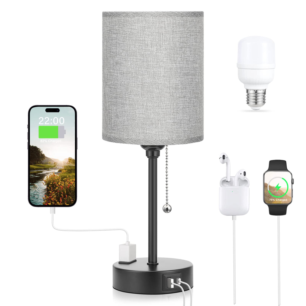 Dicoool Bedside Table Lamp for Bedroom - Small Desk Lamp with USB Ports | USB A+C Ports, AC Outlet, 3 Color Temperatures, LED Bulb Included, White Fabric Shade, Black Metal Base, 14" Nightstand lamp