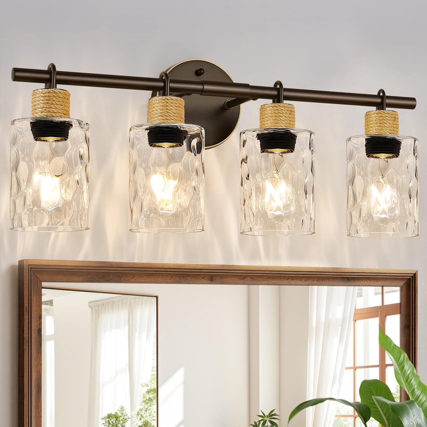 MOKATNG Bathroom Light Fixtures, 3-Light Coastal Vanity Lights with Crystal Glass Shade, Black Bathroom Wall Lamp for Mirror Kitchen Hallway Cabinet