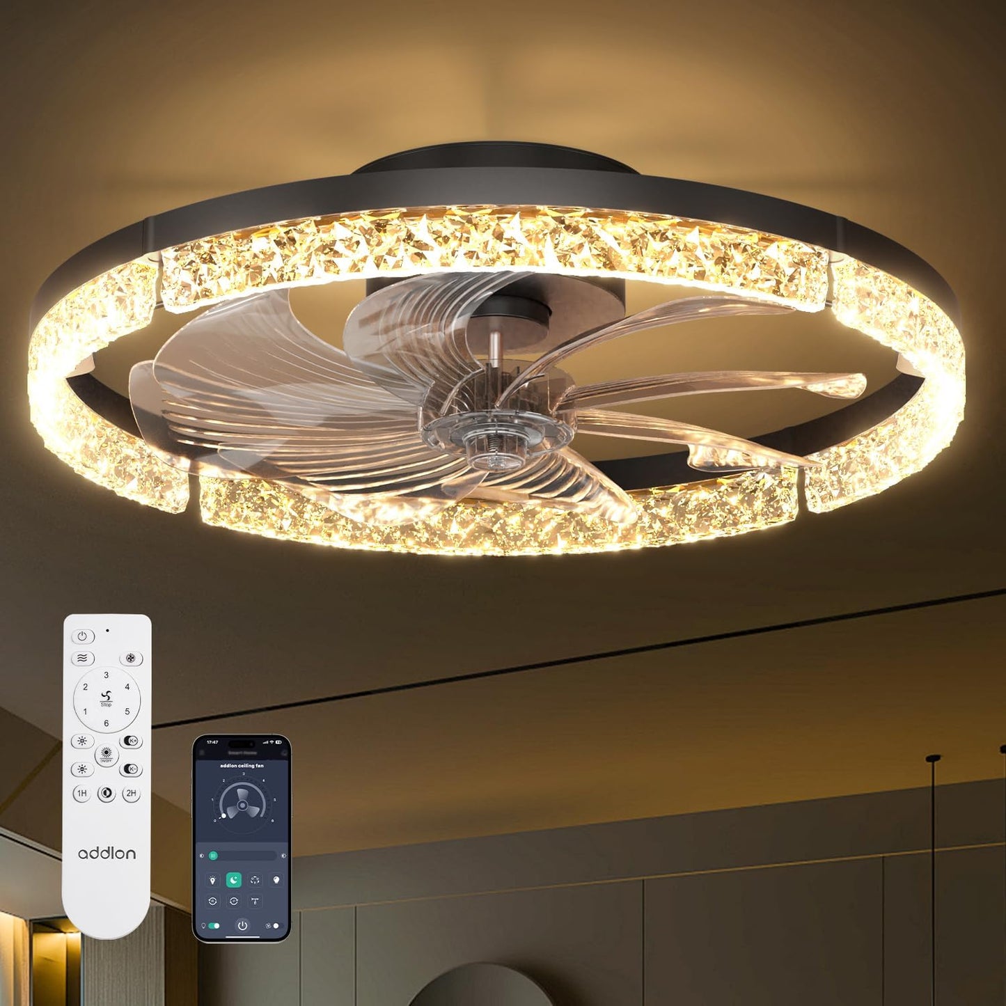 addlon 20" Ceiling Fans with Lights and Remote, Low Profile Fandelier | 3000-6000K Dimmable LED, 6 Speeds, Reversible DC Motor, App Control, Memory Function, Timer, Flush Mount, Quiet Operation