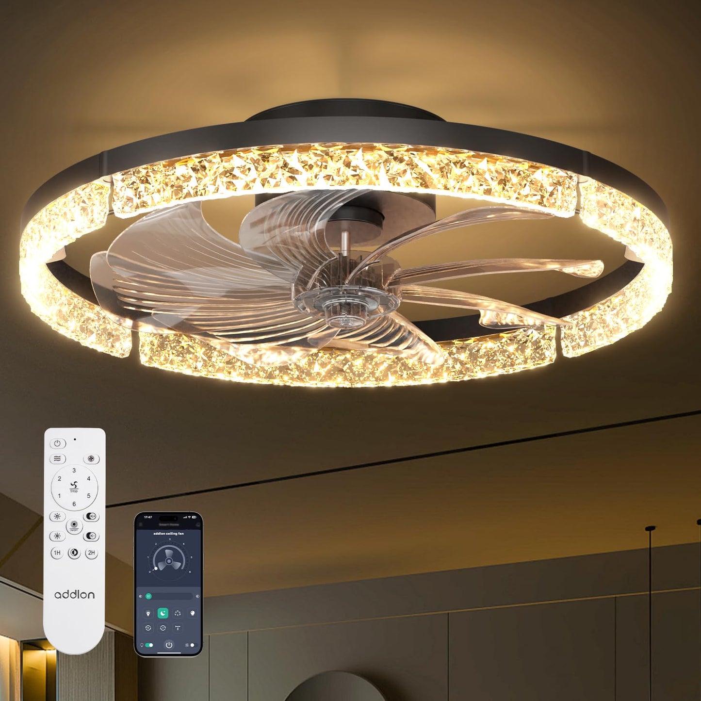 addlon 20" Ceiling Fans with Lights and Remote, Low Profile Fandelier | 3000-6000K Dimmable LED, 6 Speeds, Reversible DC Motor, App Control, Memory Function, Timer, Flush Mount, Quiet Operation