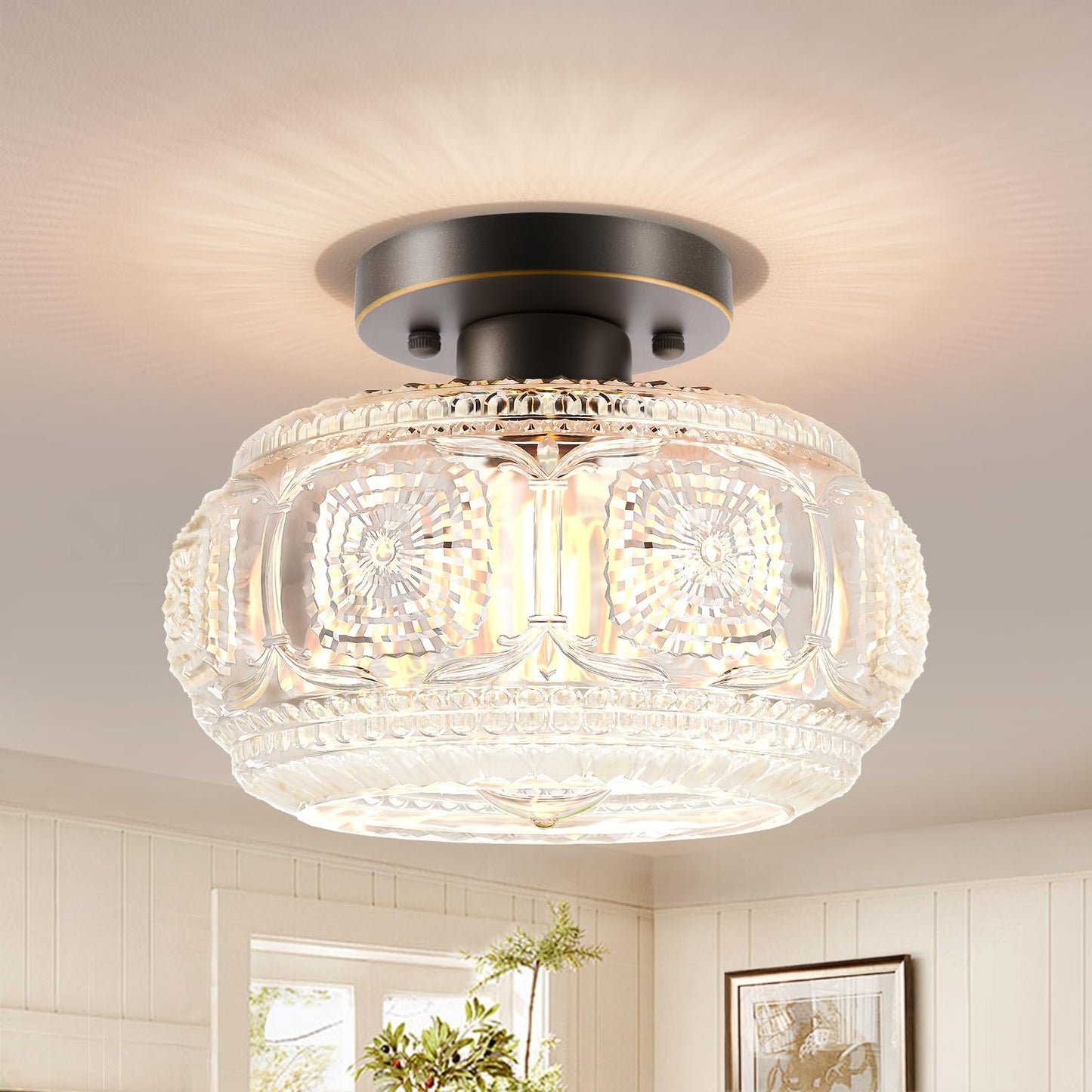 Globe Glass Semi Flush Mount Ceiling Light Fixture, Vintage Gold | Beautiful Light Shadow, Easy to Install, Bright Ambiance, Modern Lighting for Hallway Entryway Kitchen Bathroom Bedroom