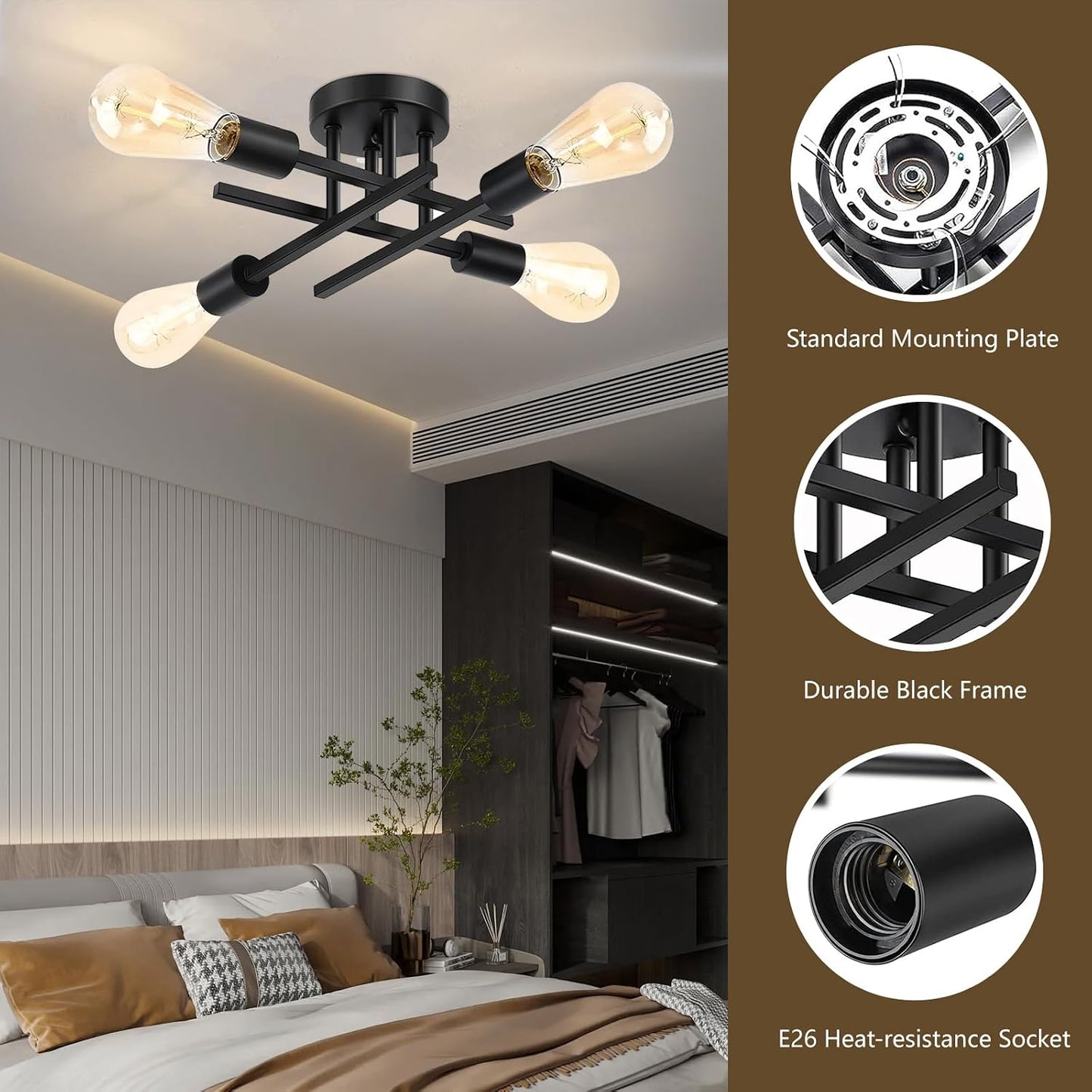 Ceiling Light, 4-Light Matte Black Semi Flush Mount Ceiling Light Fixture | Modern Dining Room Light Fixture with E26 Base,Kitchen Lighting Fixtures Ceiling, Sputnik Chandelier for Bedroom Living Room