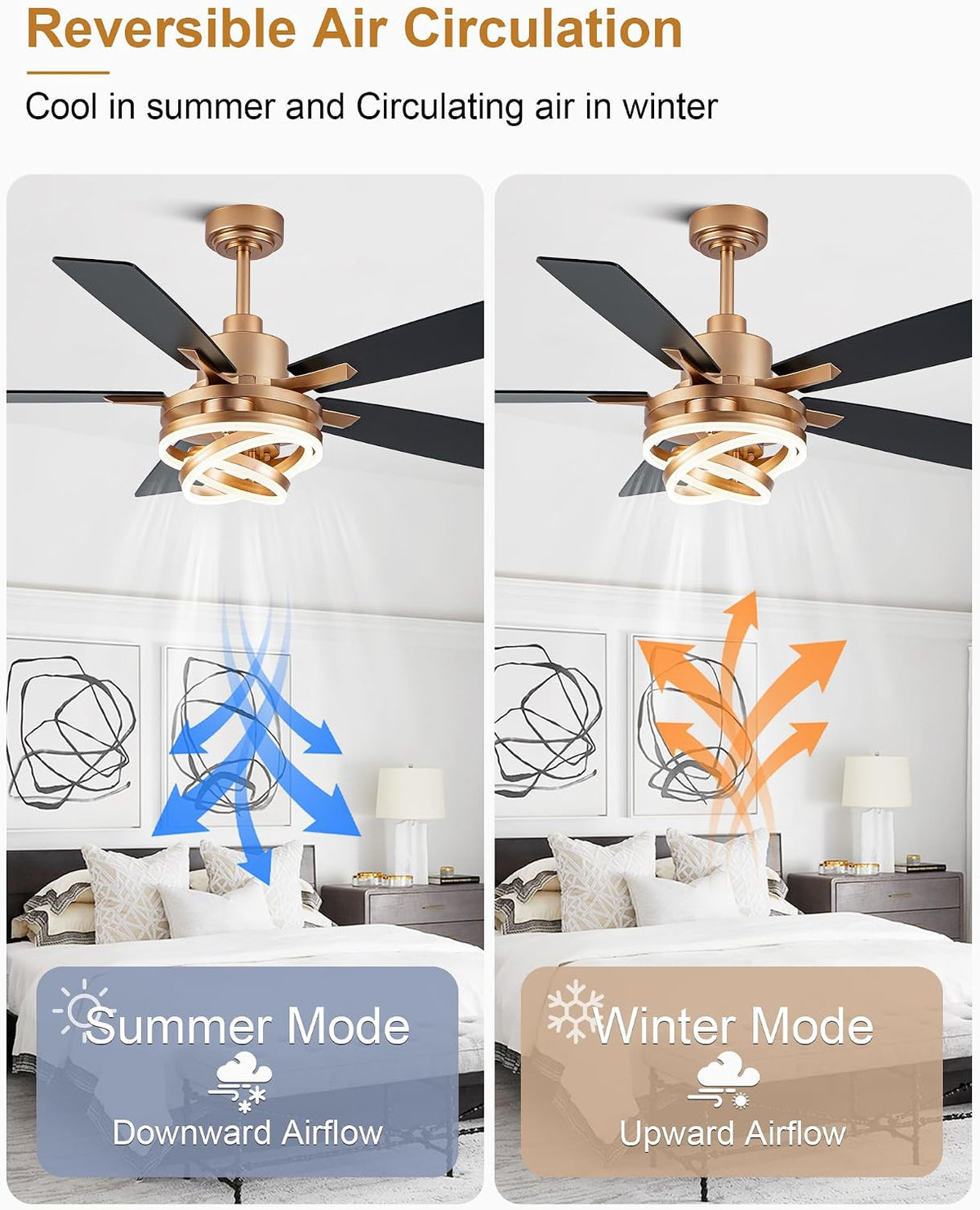 52" Black and Gold Modern Chandelier Fandelier Ceiling Fan with Light | DC motor, reversible, dimmable, 3 adjustable rings for DIY shape; for bedroom, living room.