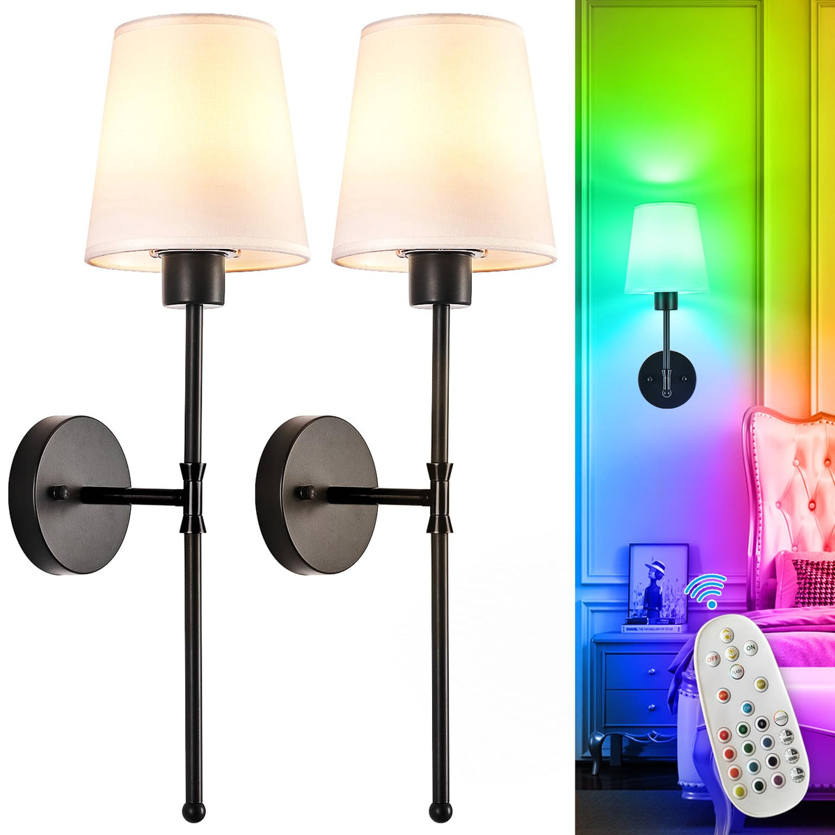 Depuley Battery Operated Wall Sconce: Set of 2 Wireless Wall Lights with 10000mAh Dimmable Bulbs and Remote for Bedroom - Rechargeable 15 Colors Gold Wall Lamp for Living Room Hallway