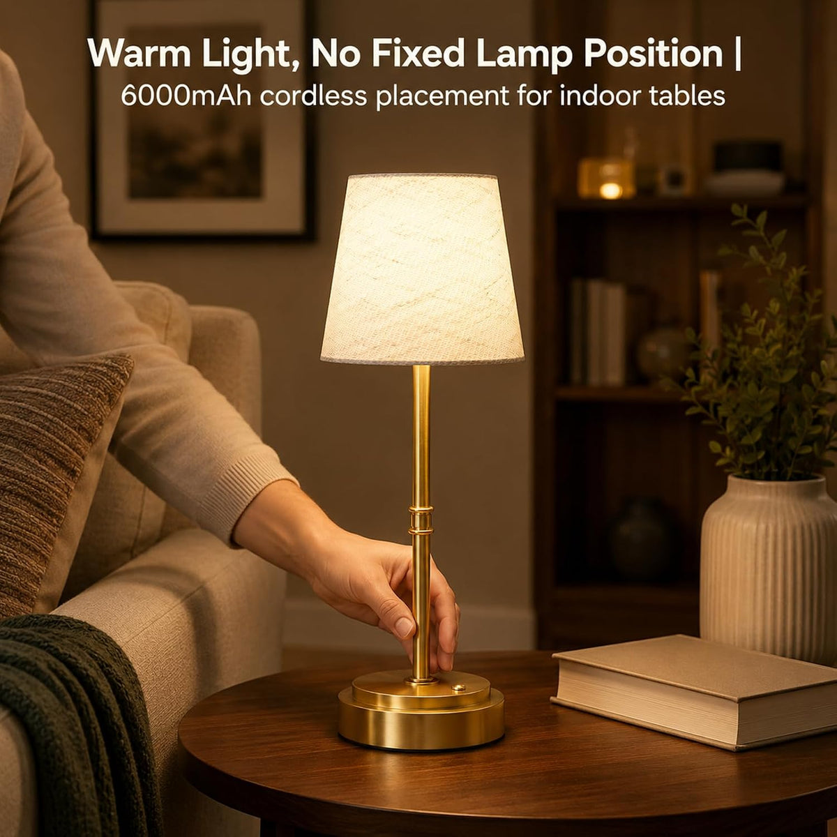 Rechargeable Cordless Table Lamp, Nightstand to End Table,Gold,1 Pack | 6000mAh Battery Operated, 16-Inch Antique Brass Aesthetic, For Kitchen Counter, Bathroom Vanity and Dining Room